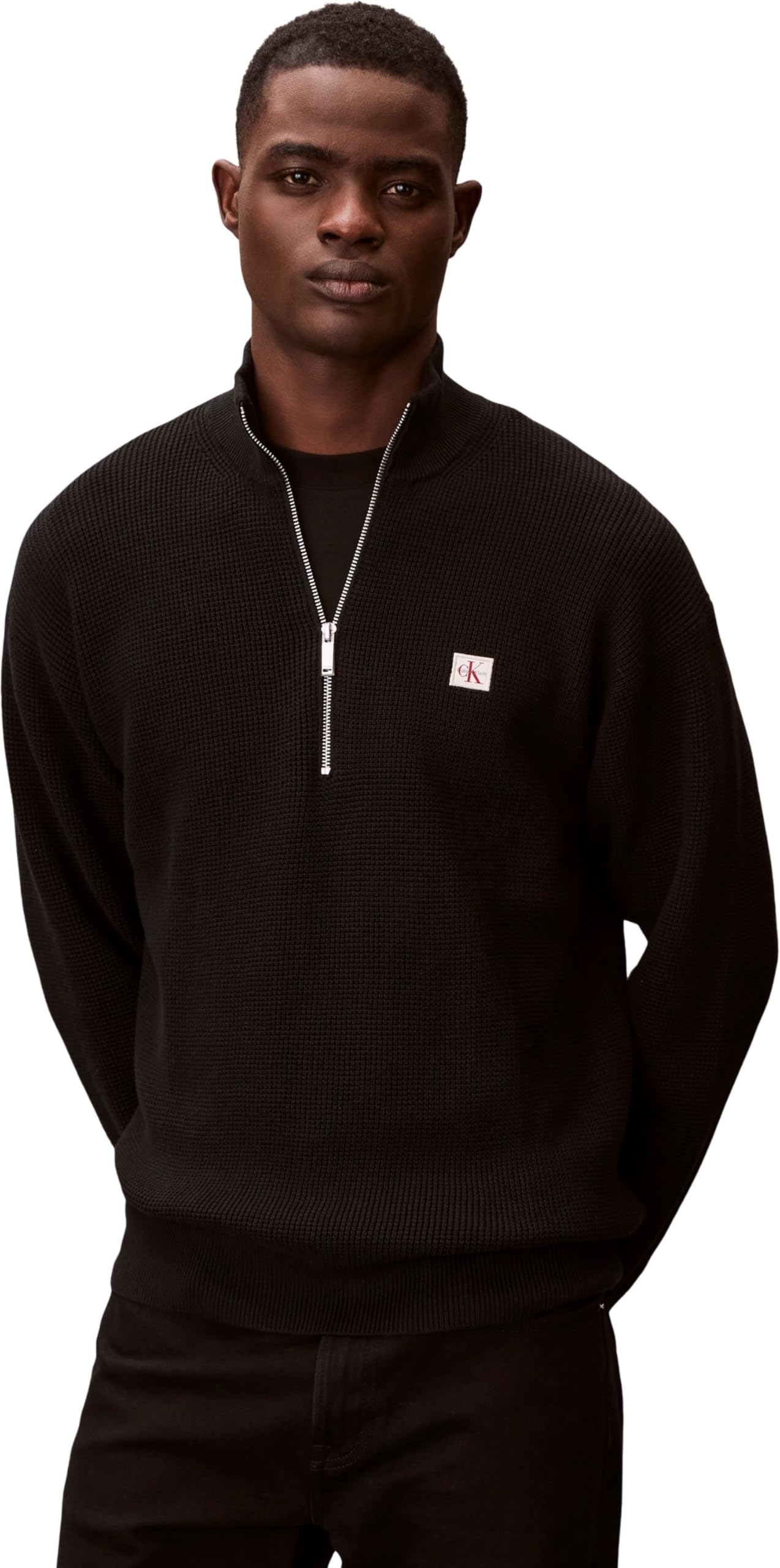 Calvin Klein Men's Ls Ez Cotton Waffle Quarter Zip LV04RE308G Sweaters, Black, L