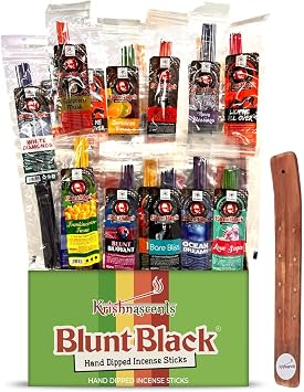 Blunt Black Incense Sticks, 12 Assorted Packs, 144 Count | Twelve Assorted Fragrance Packs Of Hand-Dipped Blunt Sticks, 144 Total, With A Free Wooden Holder, Scents May Vary.