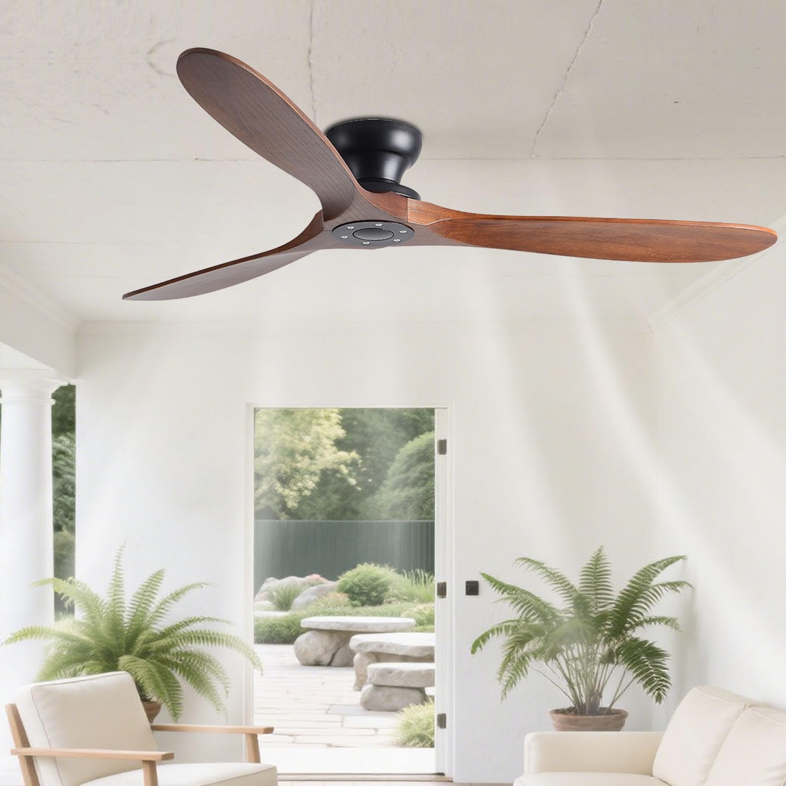IBalody Solid Wood 70in Ceiling Fan Without Lights Flush Mount Ceiling Fans With Remote Control 6 Speeds, Wood Blades Modern Ceiling Fan No Light For Bedroom/Farmhouse/Patio/Indoor