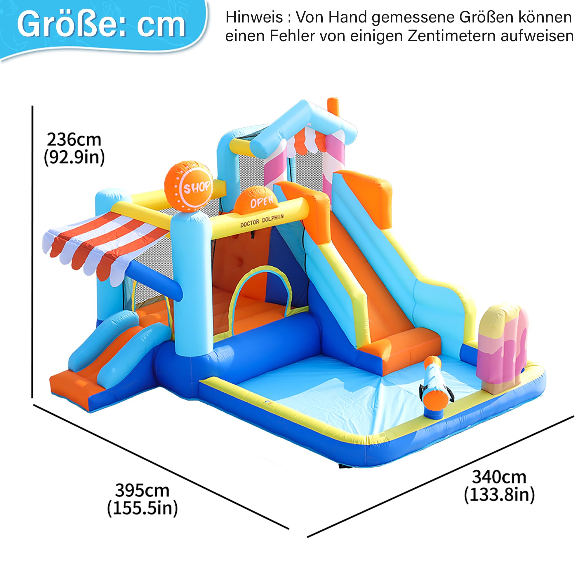 Castello gonfiabile per bambini con ventilatore, parco acquatico multifunzionale all'aperto con trampolino, scivolo d'acqua, piccolo scivolo, fontana, pistole ad acqua, con ventilatore da 450 W, blu