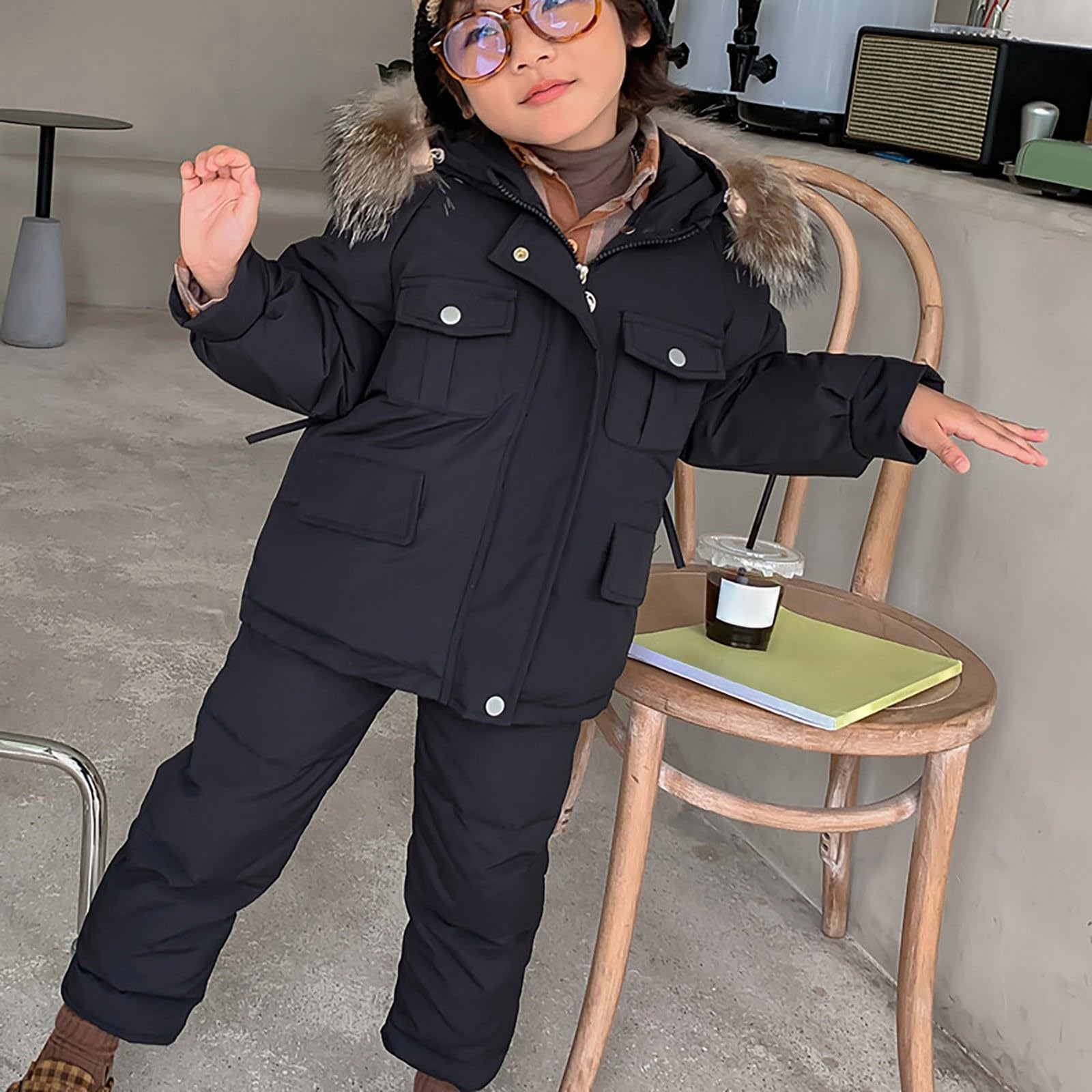 Pantalones infantiles Niñas Traje de nieve monocolor para invierno para niñas y, peto y chaqueta con capucha con cremallera 4 años