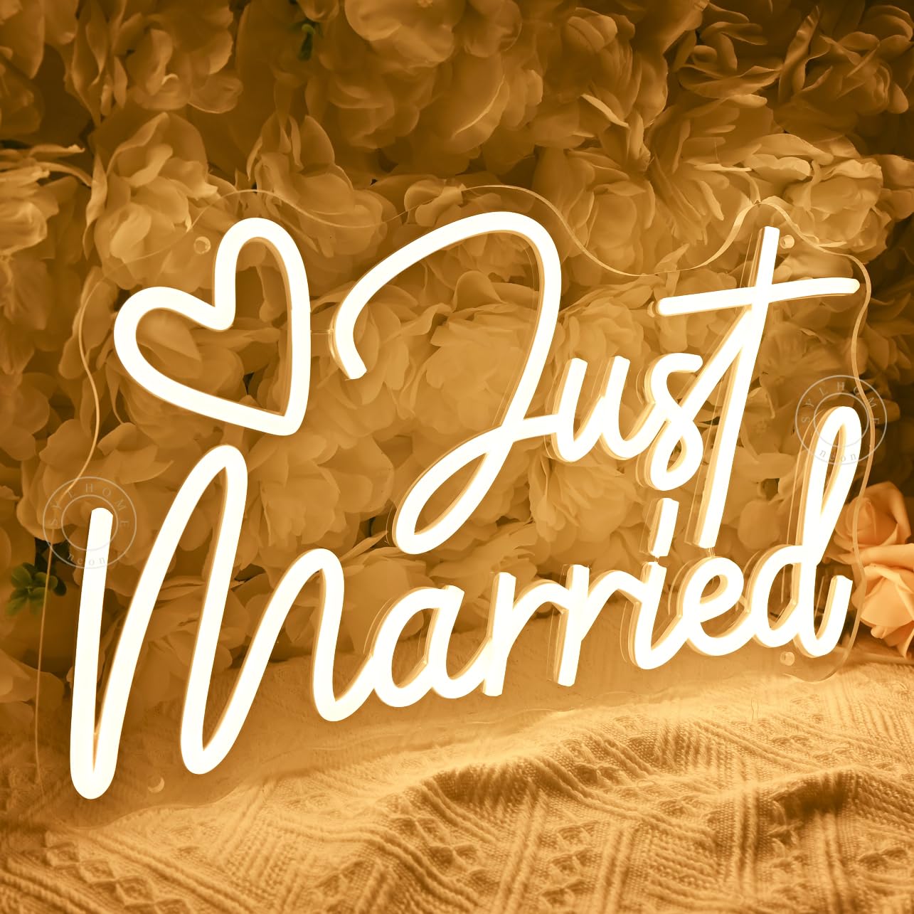 SYLHOME Just Married LED-Neon-Lichtschild, Herz, Hochzeit, Brautparty, Hintergrund, Schlafzimmer, Wandschild, Dekoration, Verlobung, Antrag, Party, beleuchtetes Schild, Geschenke, 40 x 23,5 cm, USB