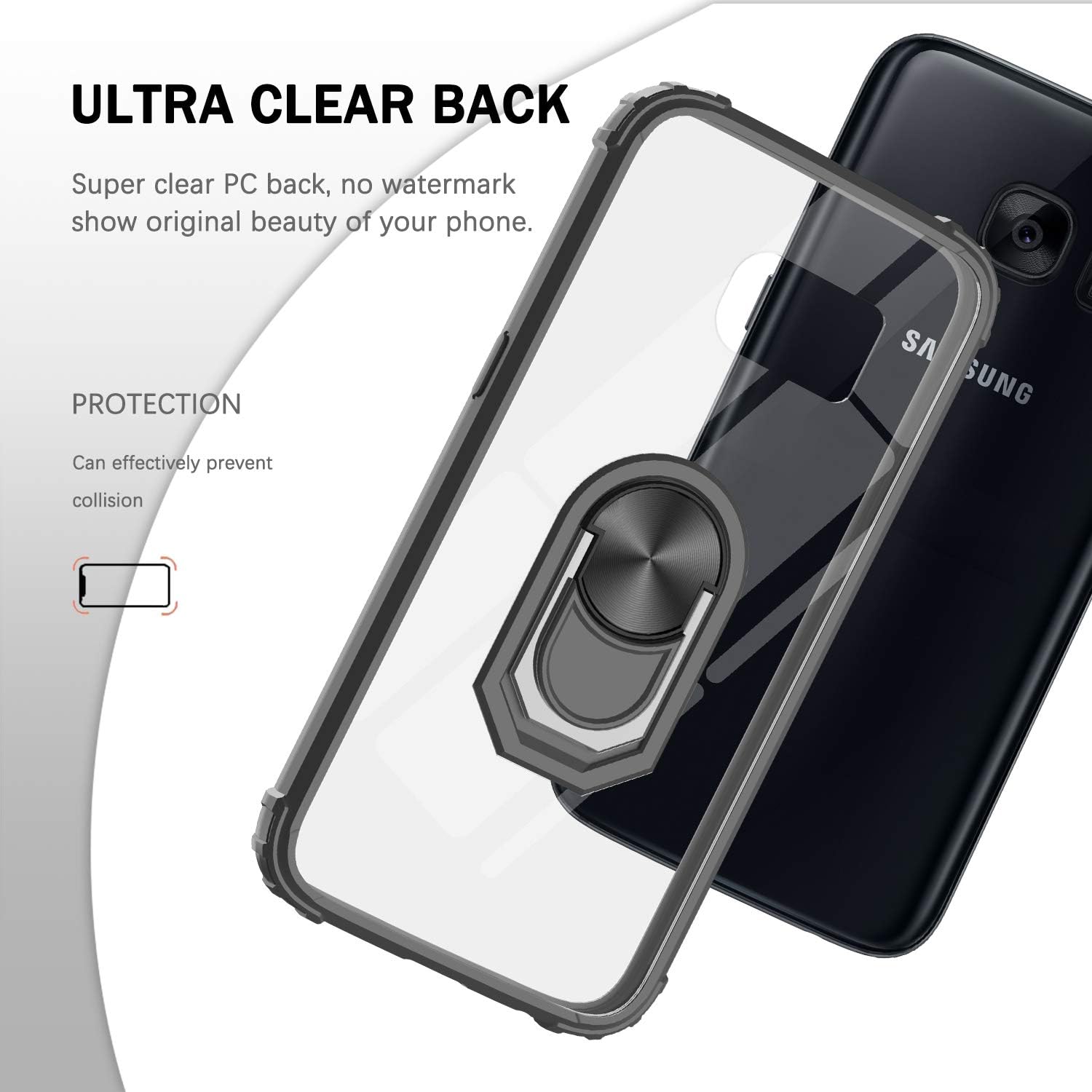 Samsung Galaxy S7 Case with [2 Pack] Tempered Glass Screen Protector, LeYi [Military-Grade] Clear Crystal Shockproof Phone Case with Magnetic Car Ring Kickstand for Samsung S7, Black