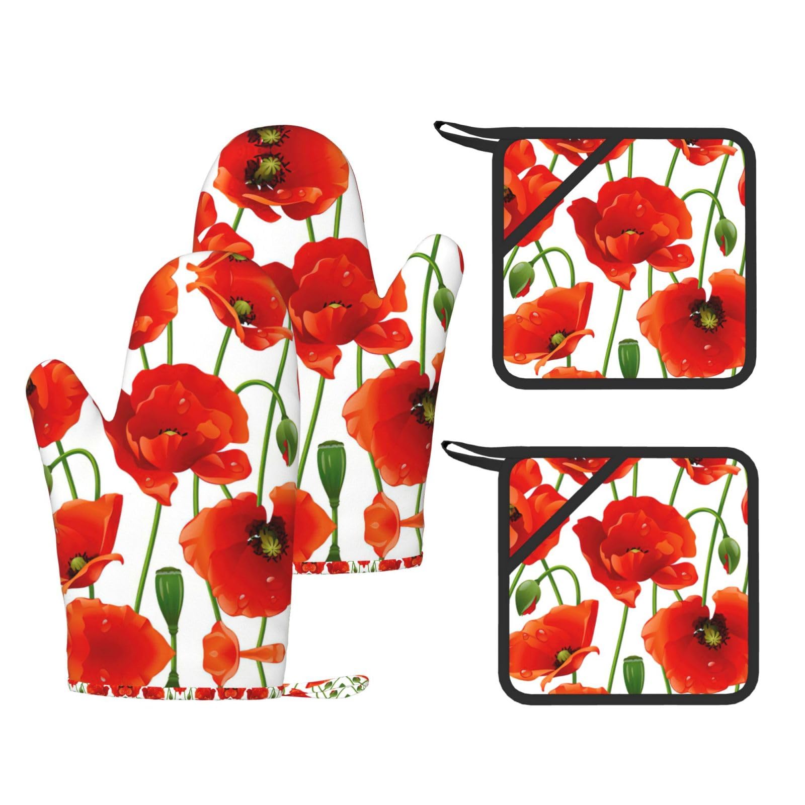 Eeprty Black Flower Printed Kitchen Oven Gloves And Potholder 4 Pcs, Non-Slip Heat Resistant Mitts For Baking Chef