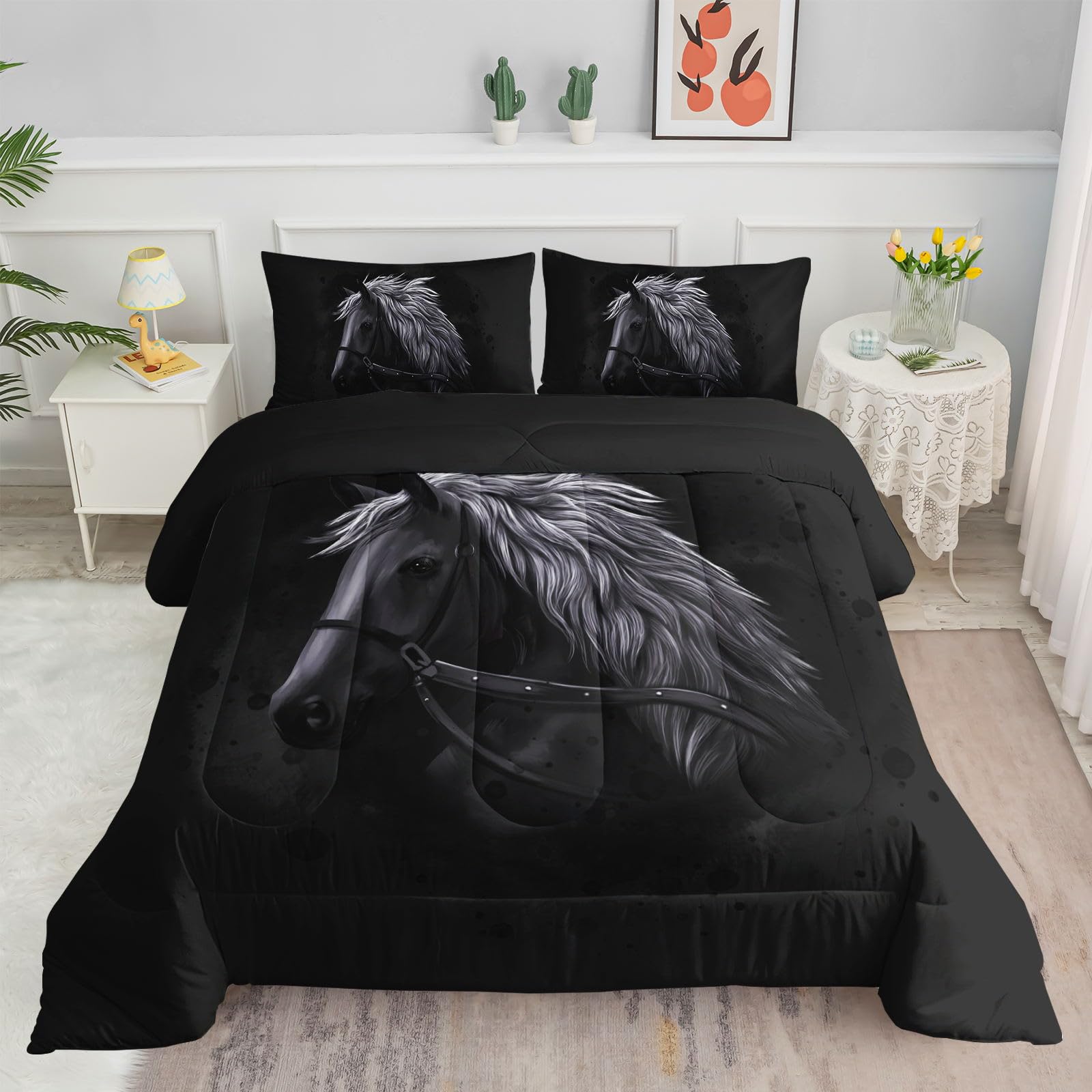 Datura home Bedding Comforter Set Black Horse Dark Horse Printed Pattern Quilt Bedding Set with 1 Comforter and 2 Pillowcases for Girls and Boys Bedroom All Season(Black Horse Twin)