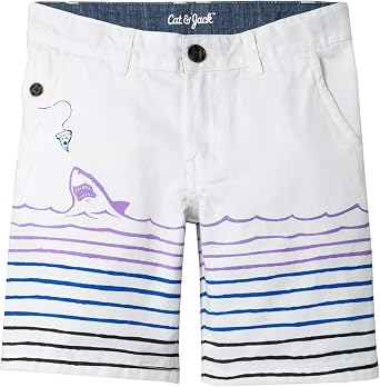 Cat & Jack Boys Flat Front Shark Print Chino Shorts with Adjustable Waist, Husky Fitting White
