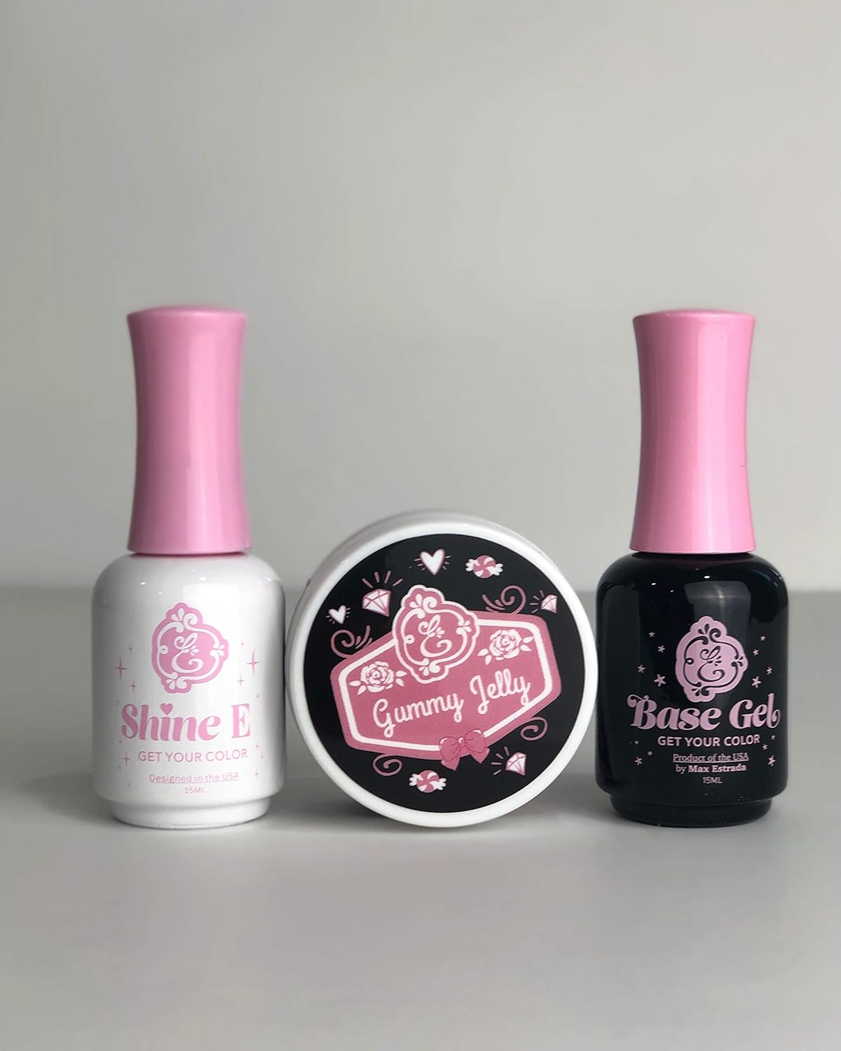 Exclusive Nail Couture Gummy Jelly LED/UV Diamonds Gel, Base Coat, Shine E Top Coat