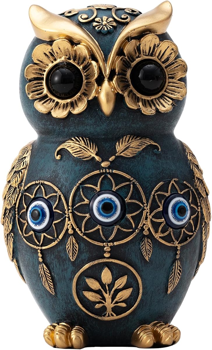Blue Owl Statue with Evil Eye & Dreamcatcher Decor - 4.8" Resin Owl Figurine for Shelf, Desk & Living Room - Gold Accents Wisdom Bird Sculpture - Unique Boho Spiritual Protection Gift for Women, Mom