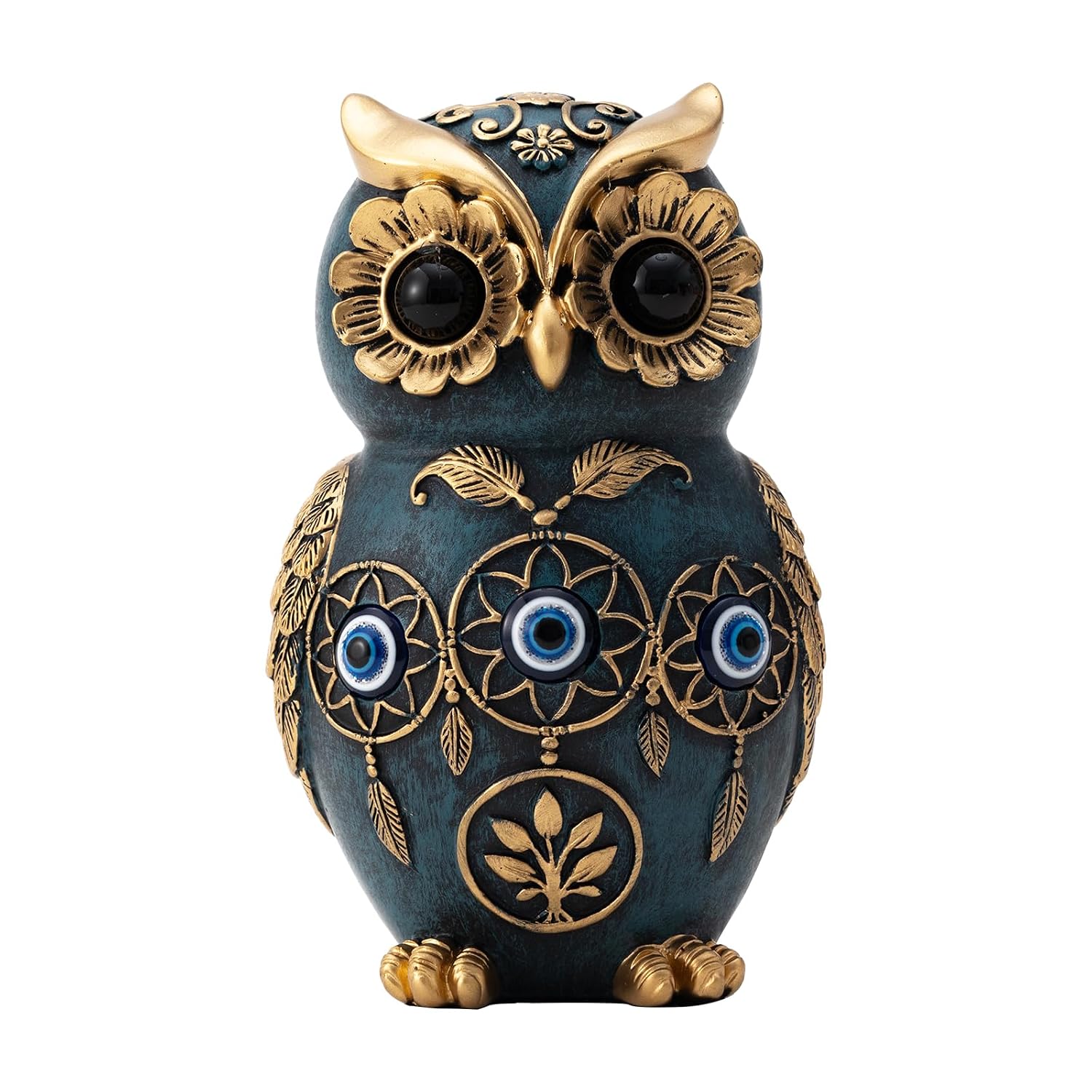 Blue Owl Statue with Evil Eye & Dreamcatcher Decor - 4.8" Resin Owl Figurine for Shelf, Desk & Living Room - Gold Accents Wisdom Bird Sculpture - Unique Boho Spiritual...