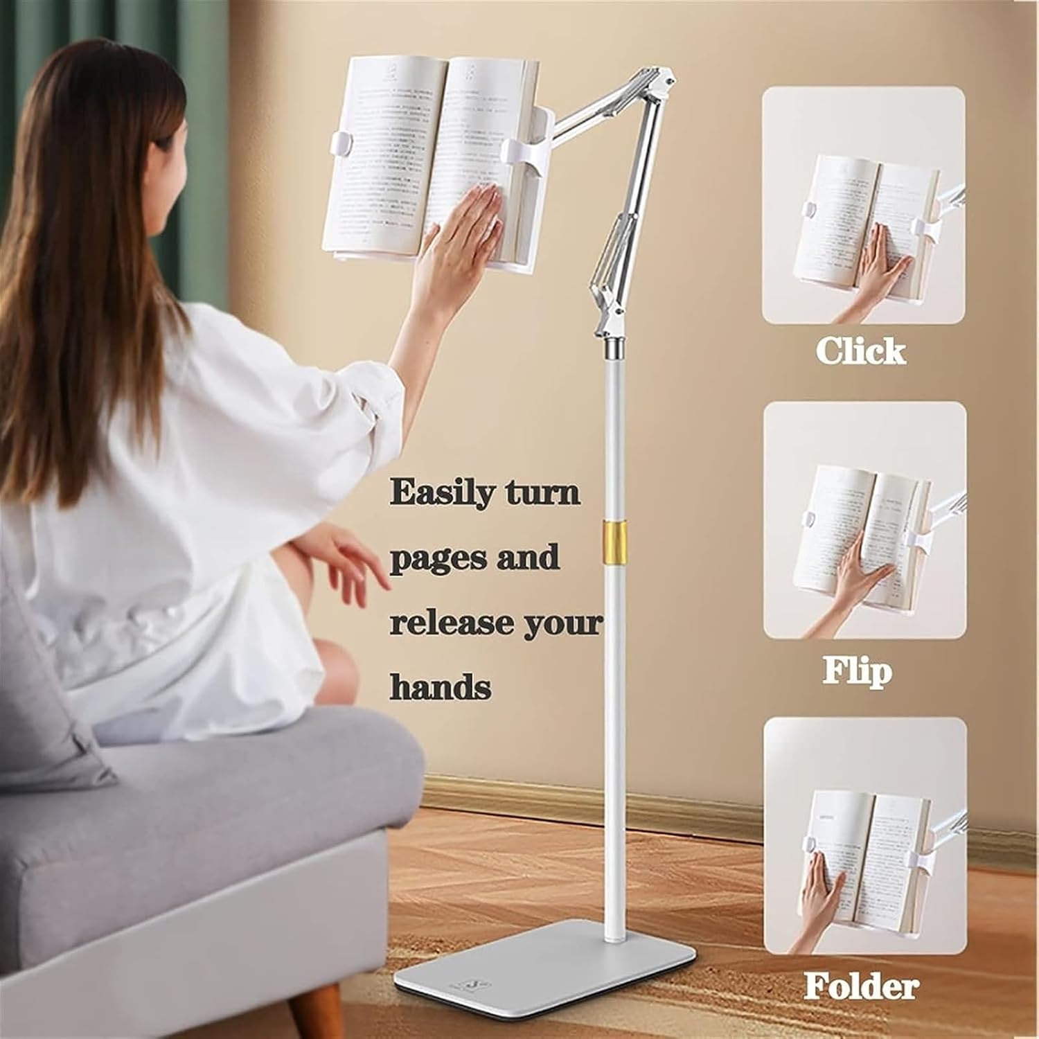 Floor Stand for Book Reading,Adjustable Cookbook Holder,Tablet Floor Stand Holder Adjustable Height,Book Stand Holder Extra Large Sturdy Rolling Lectern Stand (White) (White)