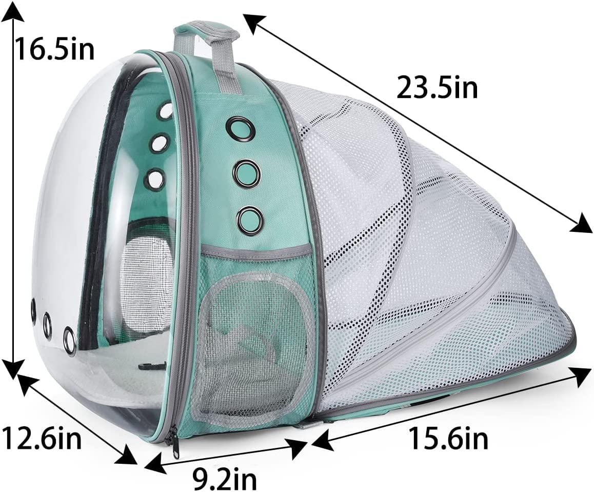 Zaino per Cani Gatti Estensibile, Zaino portatile per cani e gatti con finestra frontale trasparente e Retro espandibile, Zaino Capsula Spaziale ideale per Viaggo (Green, Behind Expand)