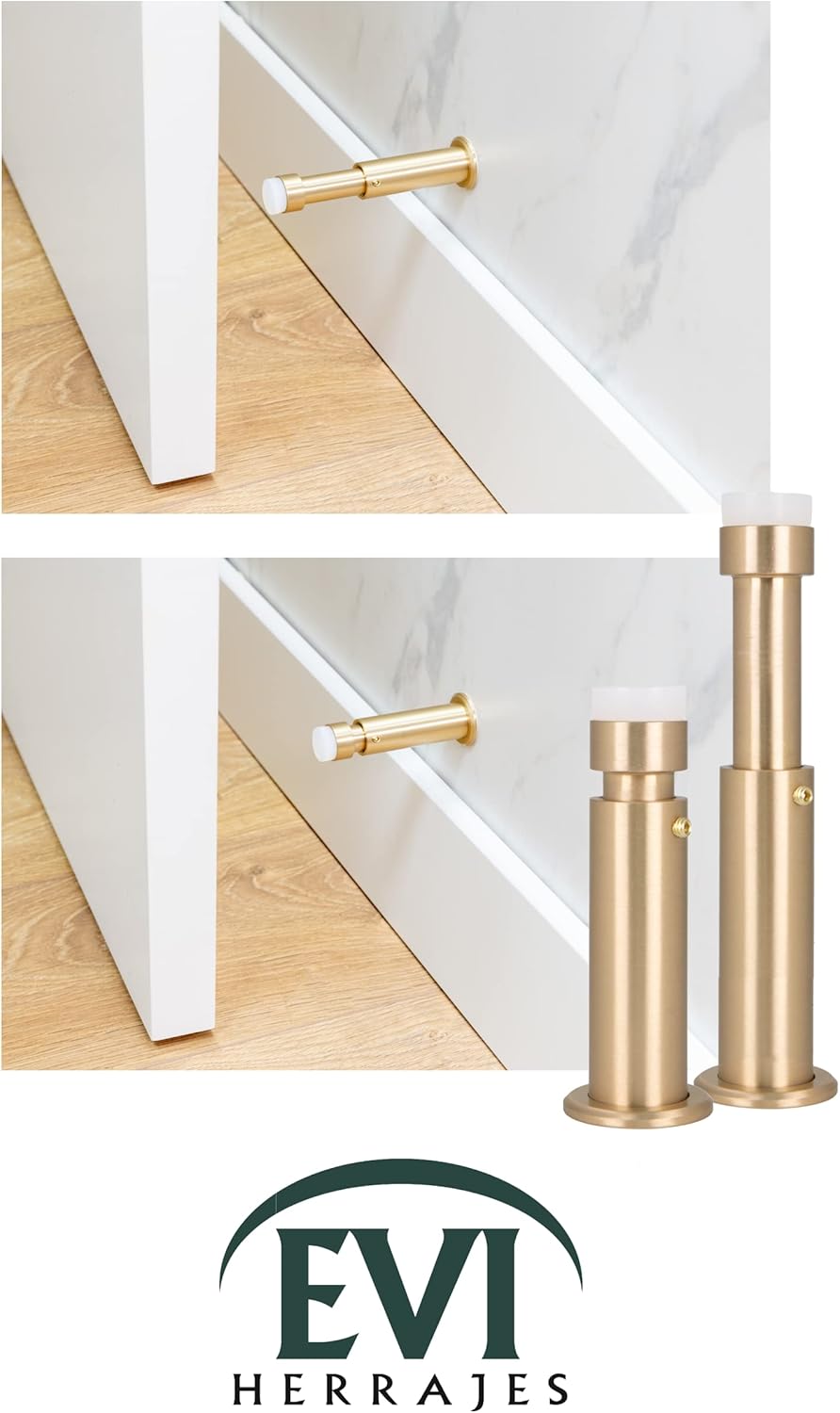 EVI HERRAJES Adjustable Wall Door Stop, Installation with Coach Screw on Threaded Base, Protectors Included, I-282CBCU (Matte Brass)