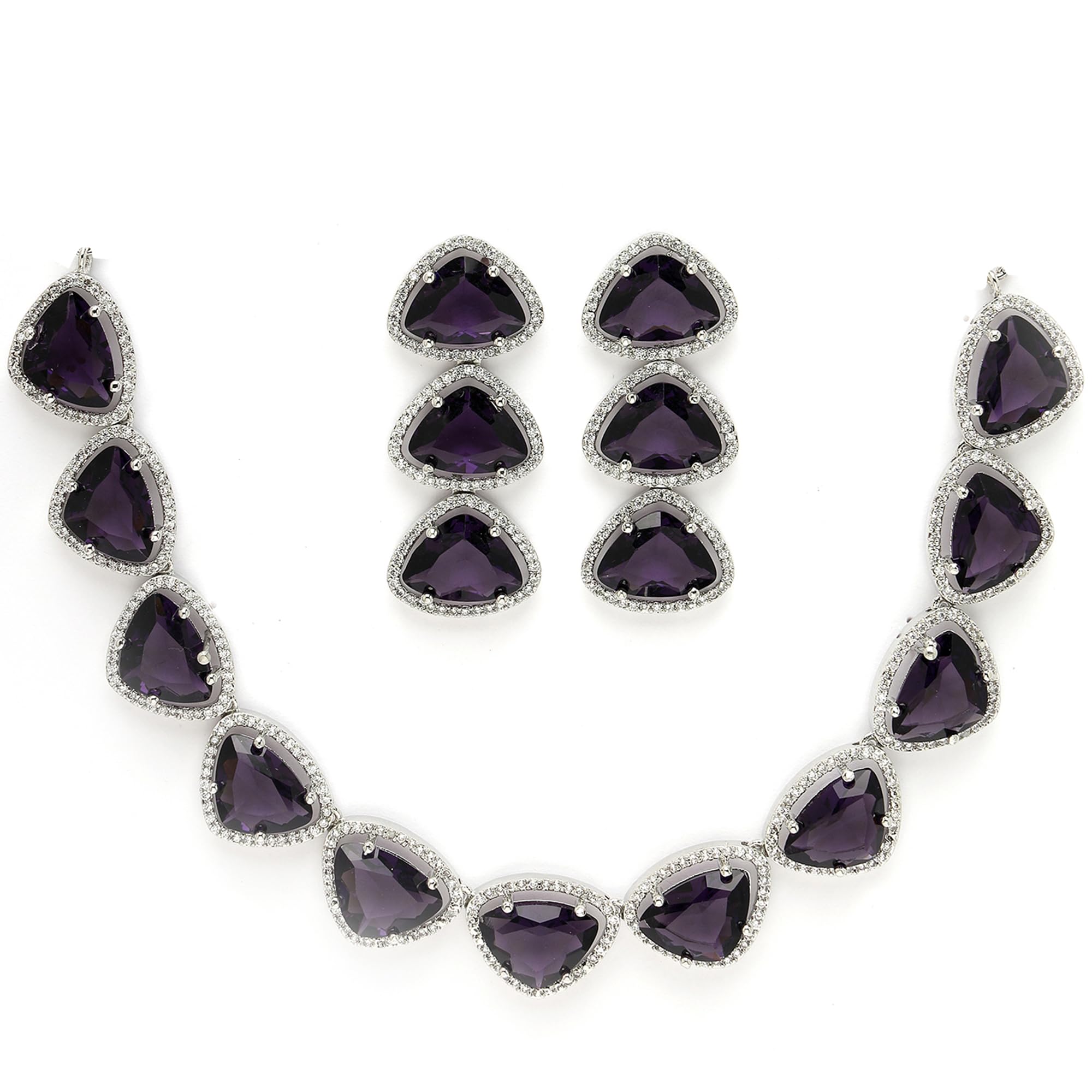 Rhodium Plated Silver Toned Triangular Shaped American Diamond Studded Jewellery Set For Women and Girl