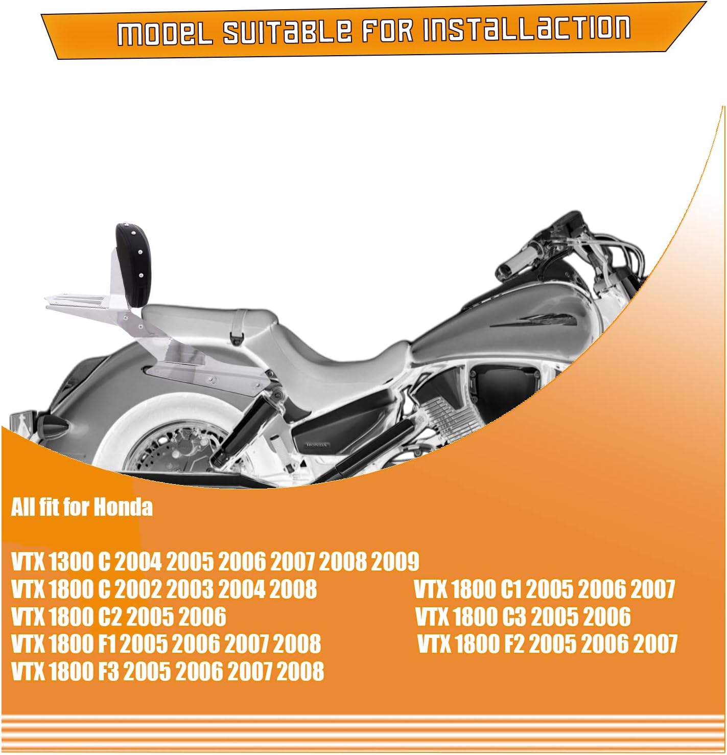 Kinglemc Powersports Sissy Bar with Backrest Luggage Rack for Honda VTX 1300C 1800 F C 2005-2009(Silver,Studded)