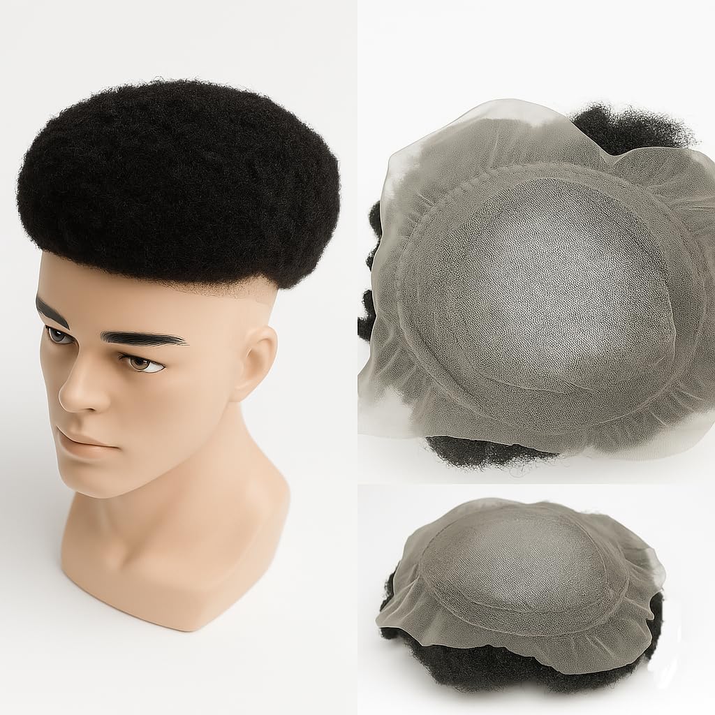 Afro Toupee for Men, 6 Inch Curly Hair Replacement System, Natural Black Kinky Hairpiece, Heat Resistant Fiber, Medium Light Density, Glueless Breathable Design