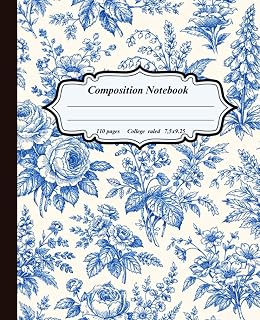 Vintage Floral Composition Notebook: Pastel Blue Botanical Cover | College Ruled Lined Paper Book for Students & School | Antique Delft Aesthetic ... with Illustration | 110 Pages, 7.5 x 9.25