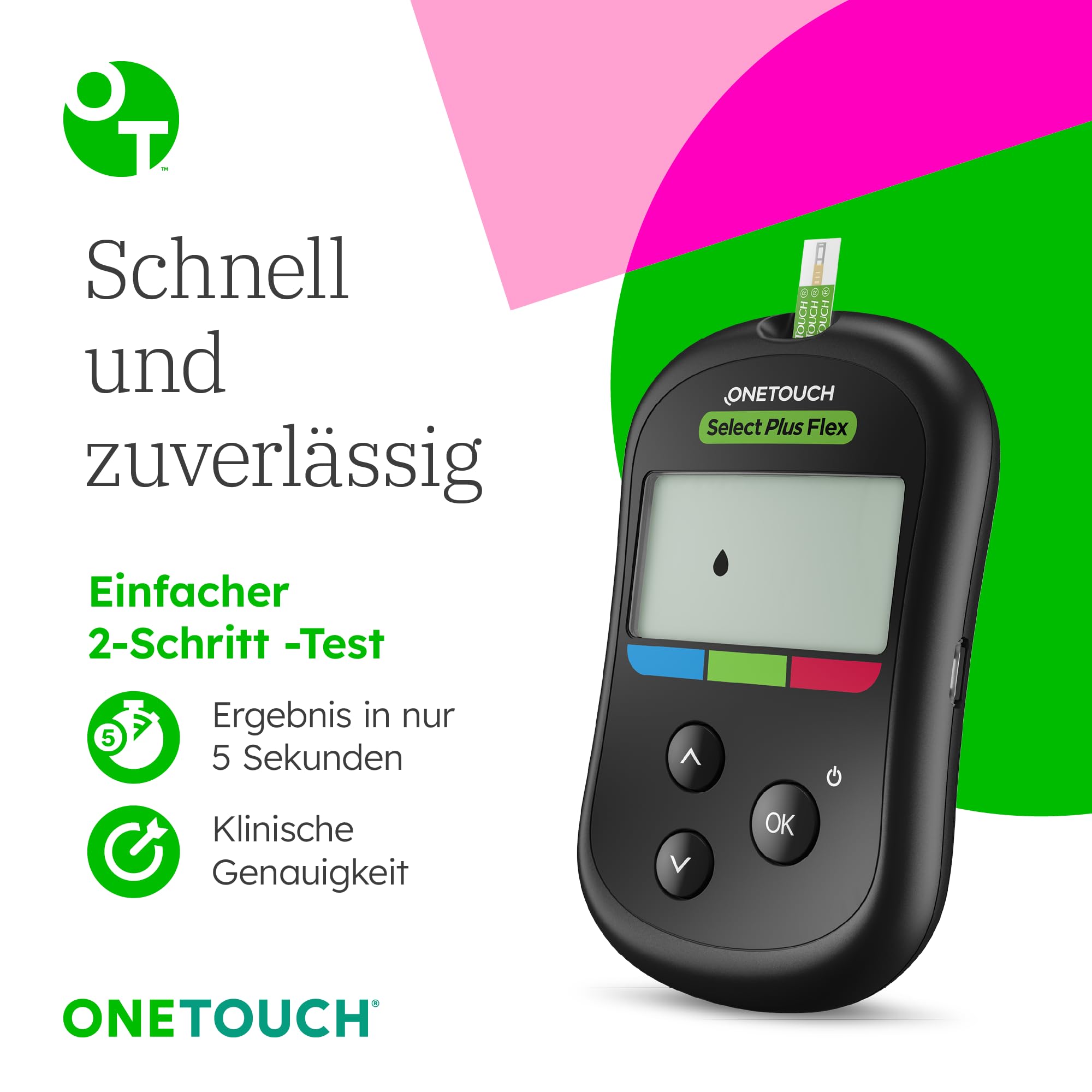 OneTouch Select Plus Flex® Blutzuckermessgerät Starterset Diabetes mmo/L | Set inkl. 40 Teststreifen & 40 Lanzetten & 1 Etui – Präzise Messung, einfache Anwendung