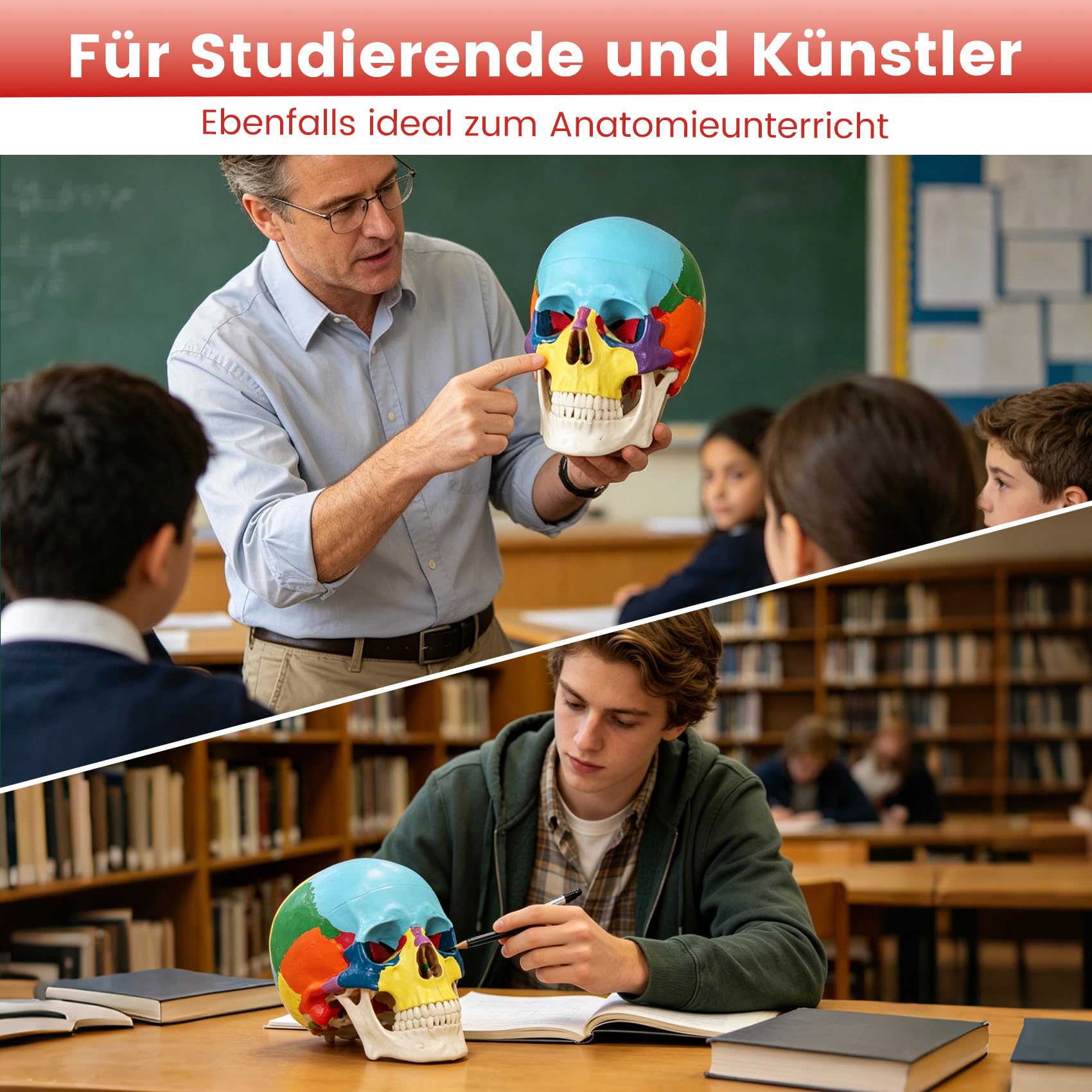 Menschliches farbiges Totenkopf-Modell, lebensgröße, 3-teiliges anatomisches Modell mit buntem menschlichem Totenkopf-Diagramm für Medizinstudenten, menschliche Anatomie, Studienkurs | Dreiteilige Form mit 22 Knochen in neun Farben und einer Referenzkarte