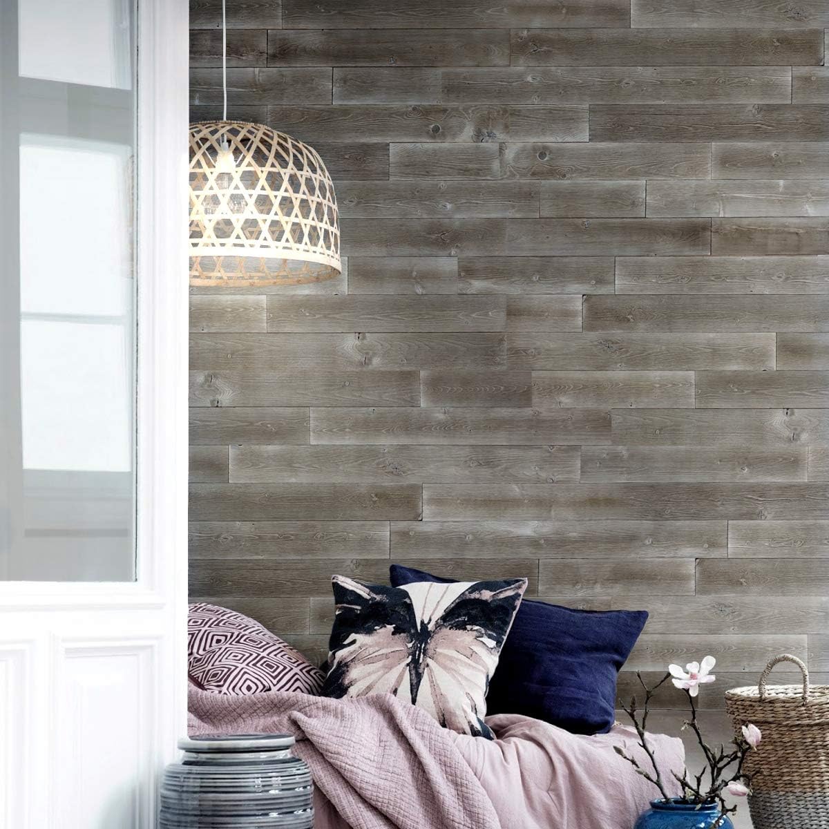 Easy Peel & Stick DIY Real Distressed Wood Wall Plank or Panel - 12 Pieces - 19.50 SF - Large 5" x 46.5" (WP-004C Rustic Pebble)