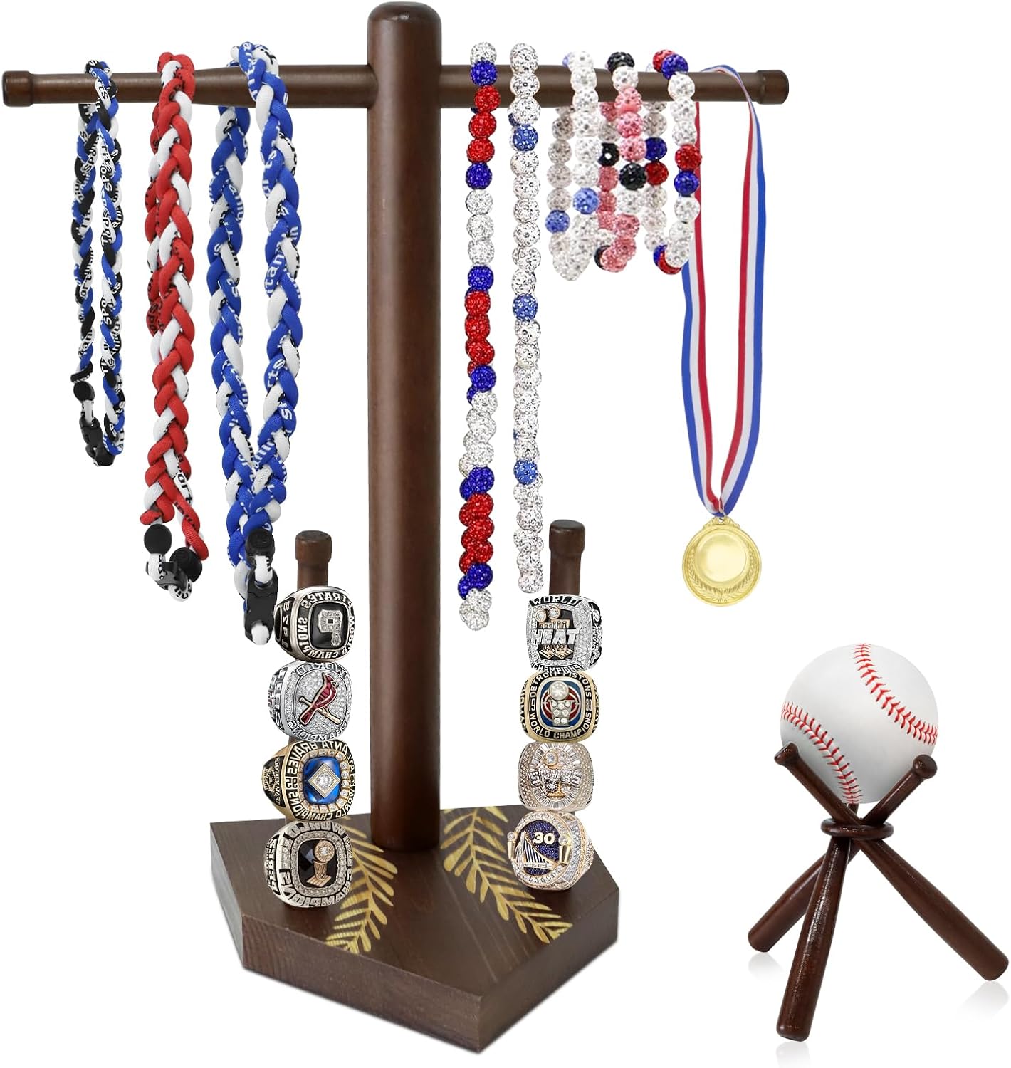 Wooden Baseball Ring & Necklace Holder – Championship Rings Display Stand for Softball & Baseball, Sports Ring Organizer Holder Gift for Players & Fans
