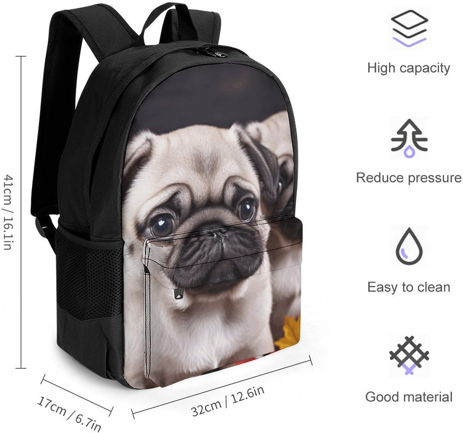 Portable Puppys Pug Backpack with Front & Side Pockets image 2