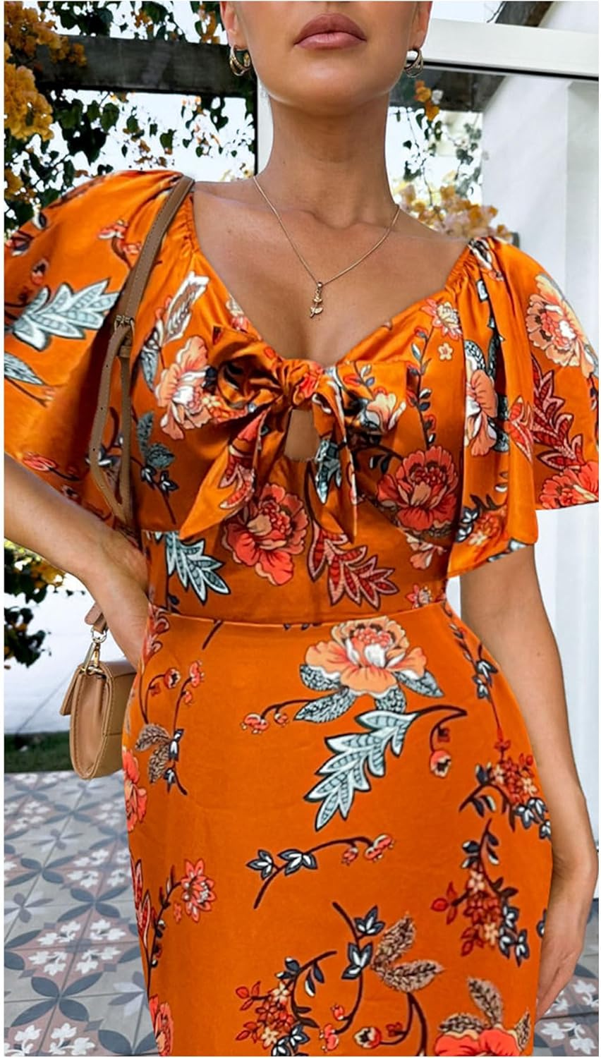 Fashionme Womens Dresses 2026 Maxi Dresses Deep V Neck Elegant Bow Tie Front Cap Sleeve Summer Floral Satin Smocked Dress - Image 5