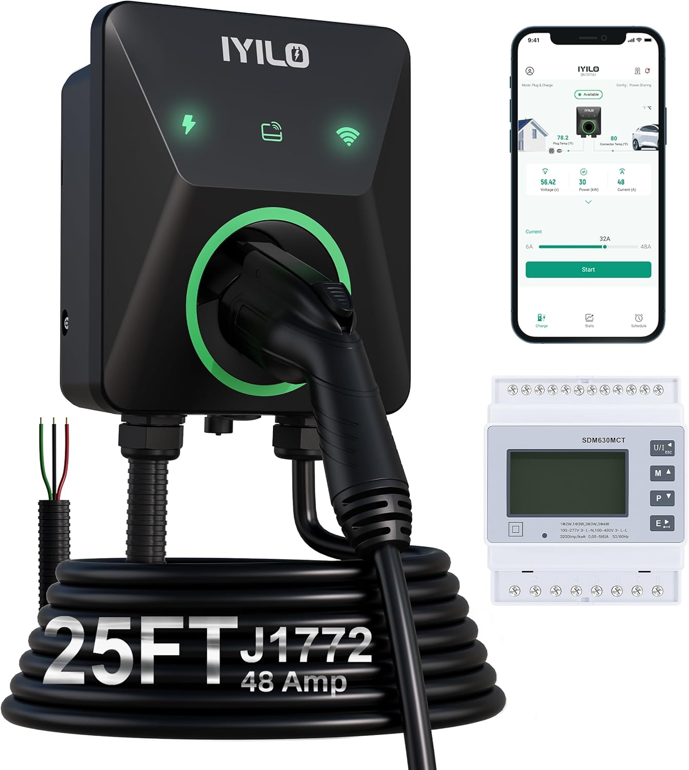 Level 2 EV Charger with Energy Meter, 48Amp/11.5KW, J1772 Wall Electric Car Charger with Dual Temp Sensors(Exclusive), Wi-Fi(2.4 GHz), RFID, Smart App, CT Clamps for Load Balancing, Black-Gray