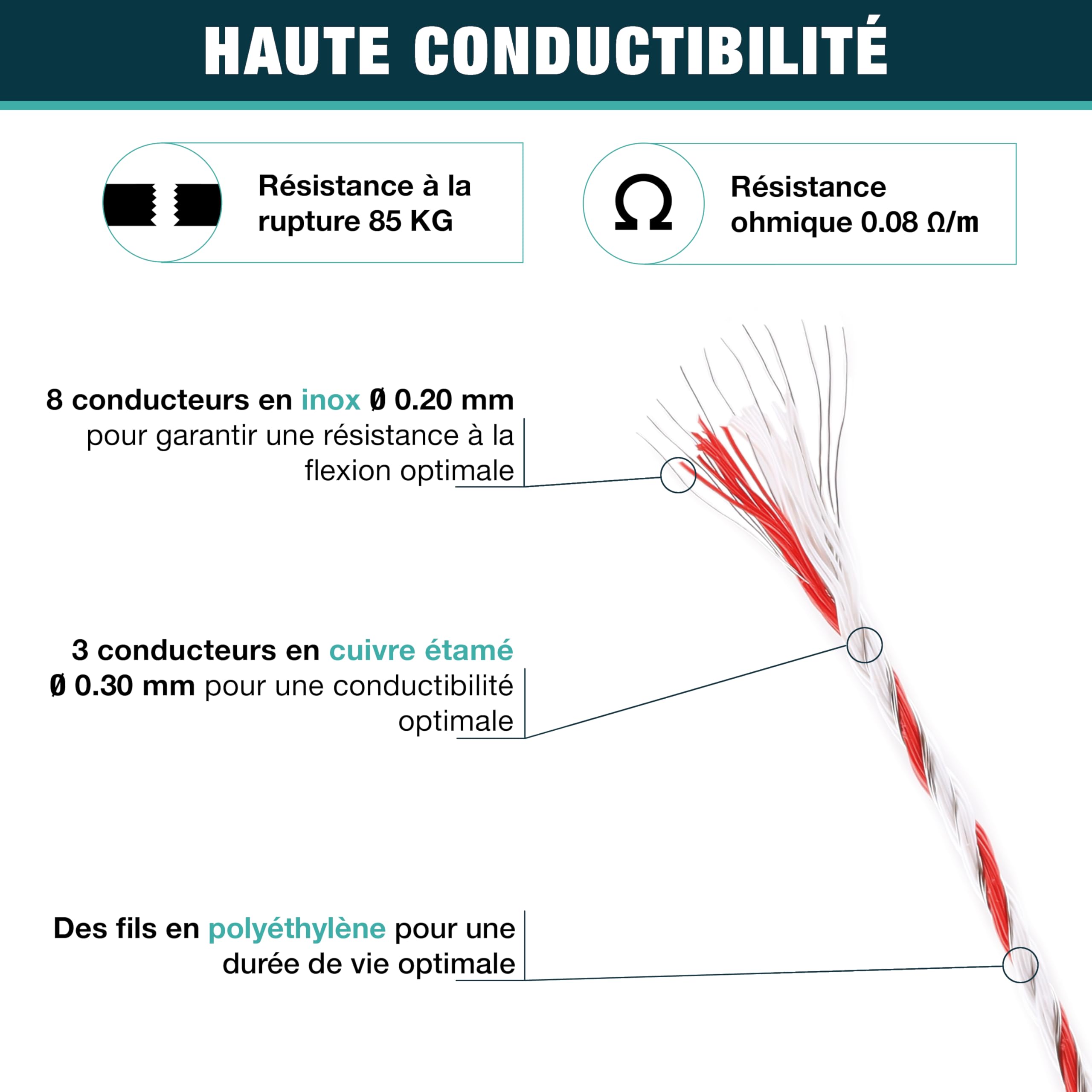 Filo per Recinto Elettrico Ø3 mm - Alta resistenza - 8 fili di acciaio inox Ø0,20 mm e 3 fili di rame Ø0,30 mm - Bobina 400m - Ideale per recintare mucche, pecore, capre e cavalli