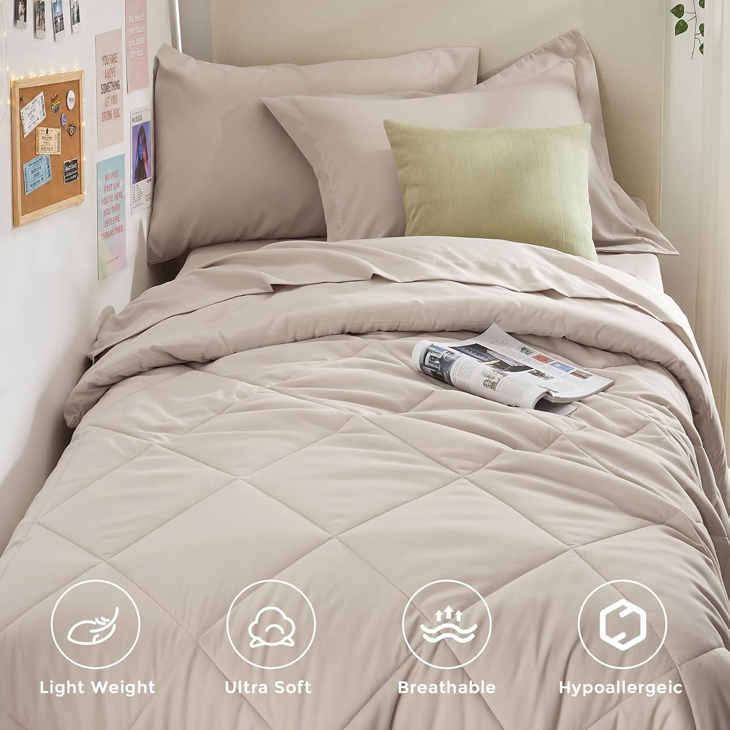 HEVUMYI Beige Tan Twin Comforter Set - 5-Piece All Season Bed in a Bag Twin, Ultra Soft Bedding Set with Comforter, Flat Sheet, Fitted Sheet, Pillowcases, Pillow Shams, Beige Tan thumbnail