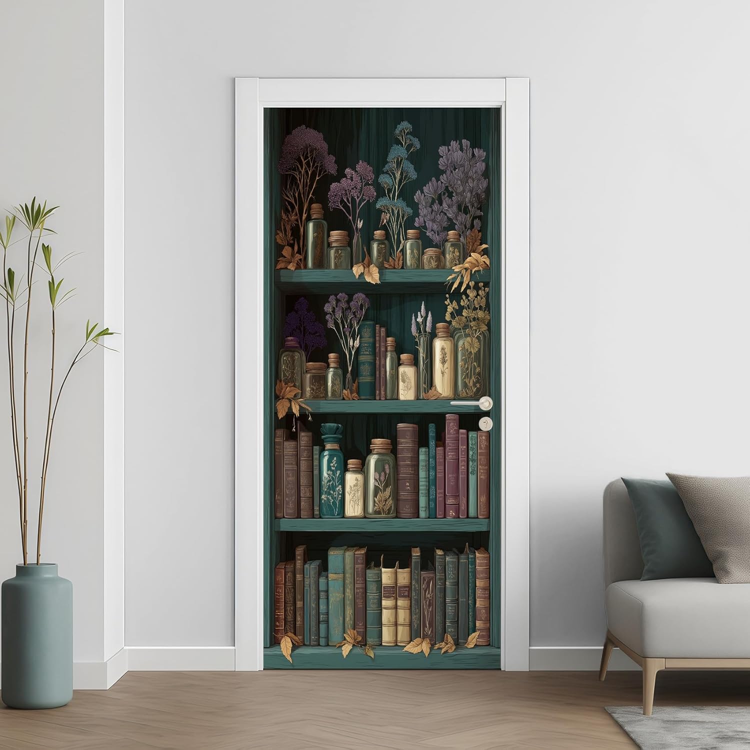 Vintage Bookshelf Door Sticker Peel and Stick Boho Stars Moon Door Wallpaper PVC Waterproof Retro Bookcase Book Shelf Mural 3D Self-Adhesive Murals for Bedroom Living Room Home Decor 35.4" x 78.7"