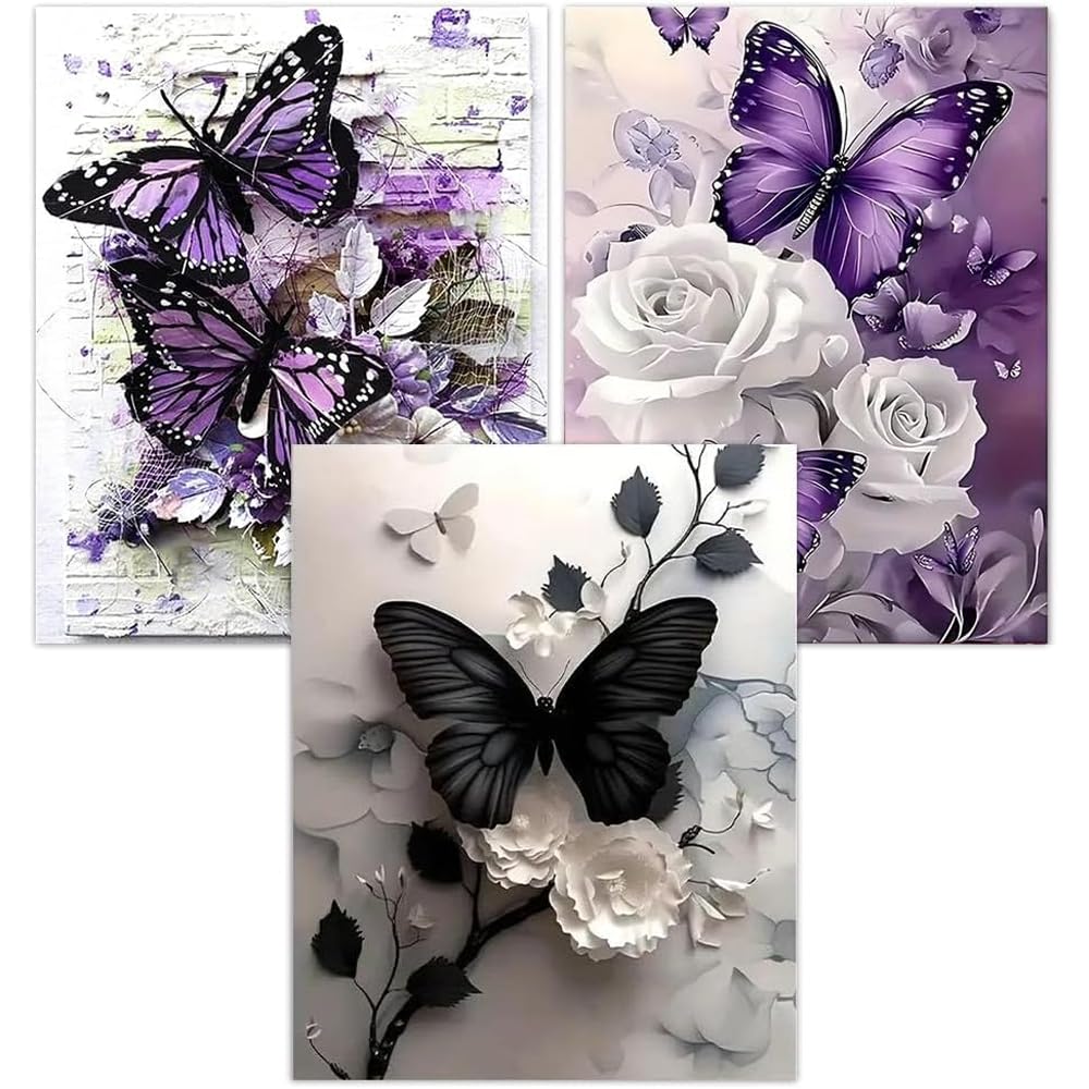 Jakener 3 Pack Diamond Art-Butterfly-251222 3 Pack Diamond Art Kits Adults, 5D Flower Butterfly Diamond Painting Kit For Adults, Fun Diy Full Round Drill Crystal Gem Art Craft, Adults Paint By Diamonds Dots Home Wall Decor 12X16 Inch