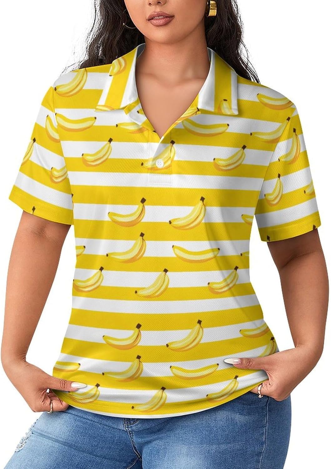 Banana Yellow White Stripes Women's Golf Polo Shirts Short Sleeve Quick Dry Tennis Tops Casual Work Blouses