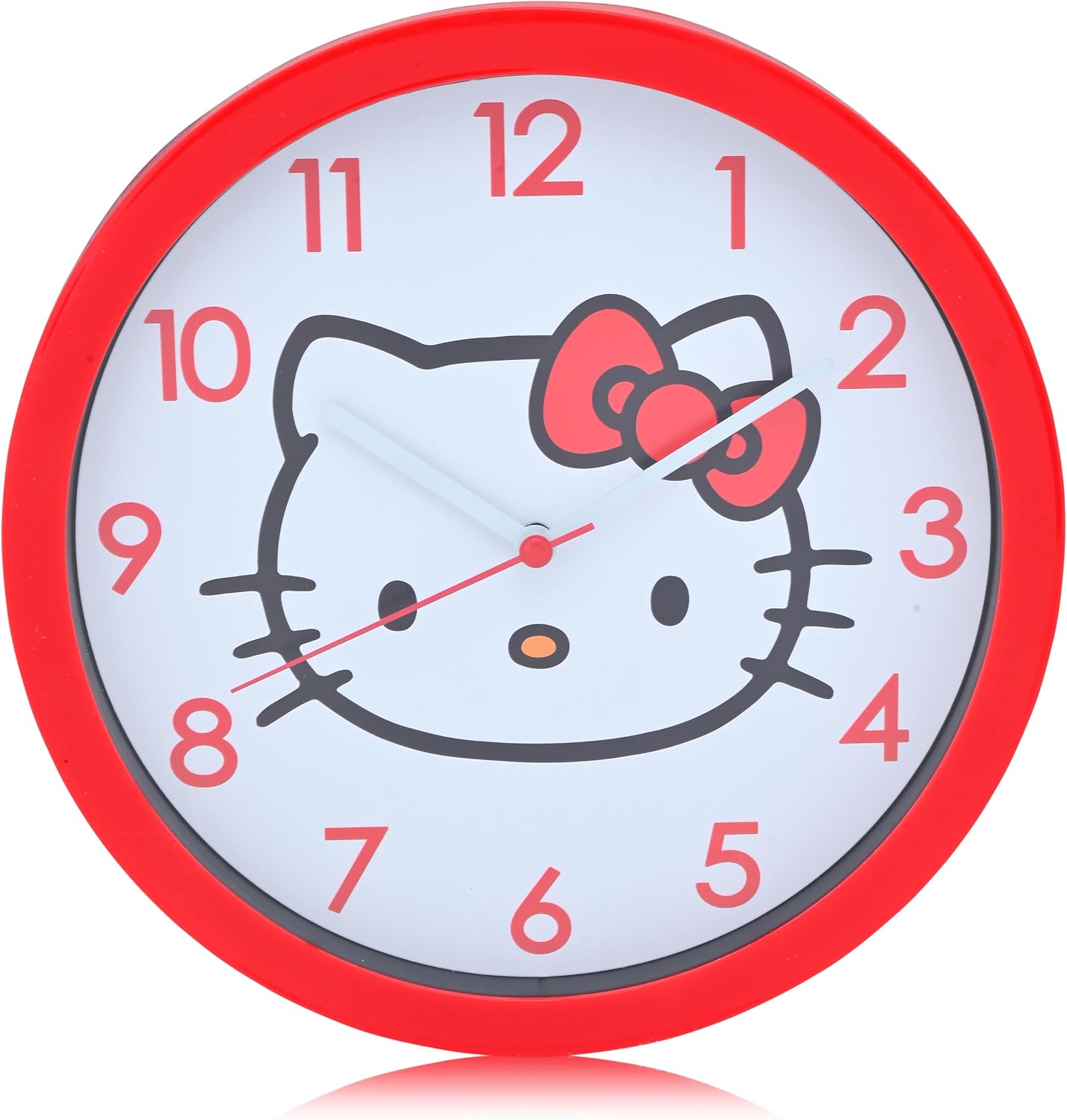 Front view of the Accutime Hello Kitty Wall Clock with a red frame and white face featuring Hello Kitty's face.