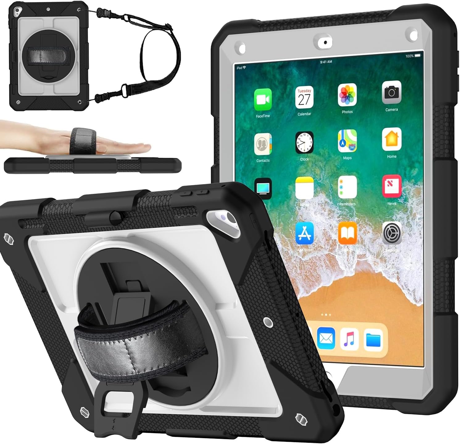 MENZO Shockproof Case for iPad 5th Gen/6th Gen/Air 2/Pro 9.7-inch with 360° Swivel Stand, Pencil Holder, Detachable Hand and Shoulder Strap, Black+Grey