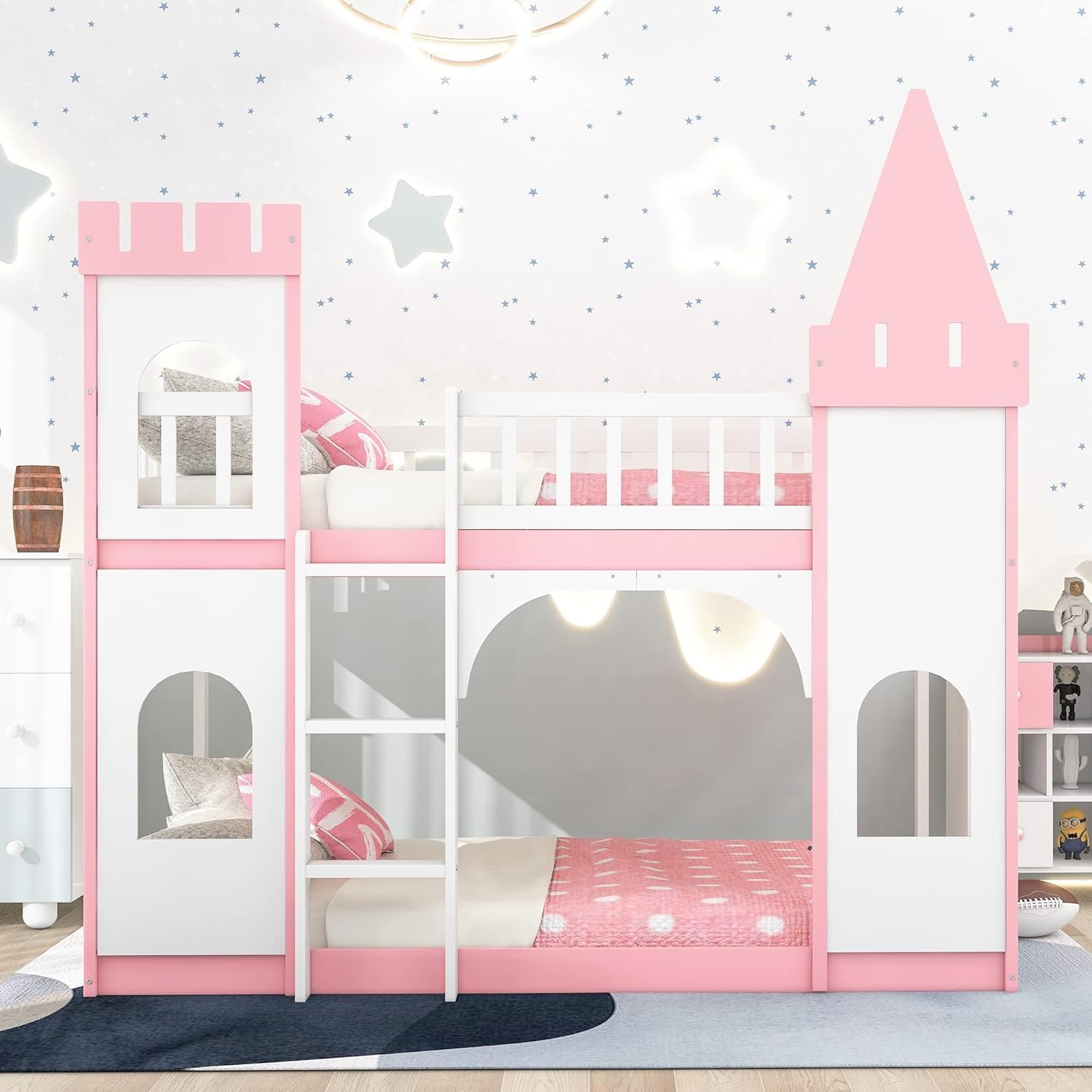 MERITLINE Twin Over Twin Castle Bunk Bed with Ladder,Solid Pine Wood Floor House Princess Bunk Bed Pink