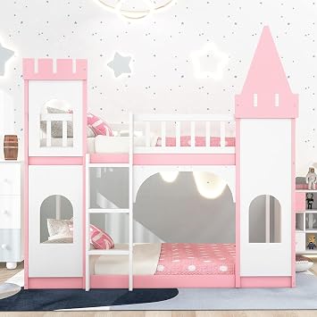 MERITLINE Twin Over Twin Castle Bunk Bed with Ladder،Solid Pine Wood Floor House Princess Bunk Bed Pink