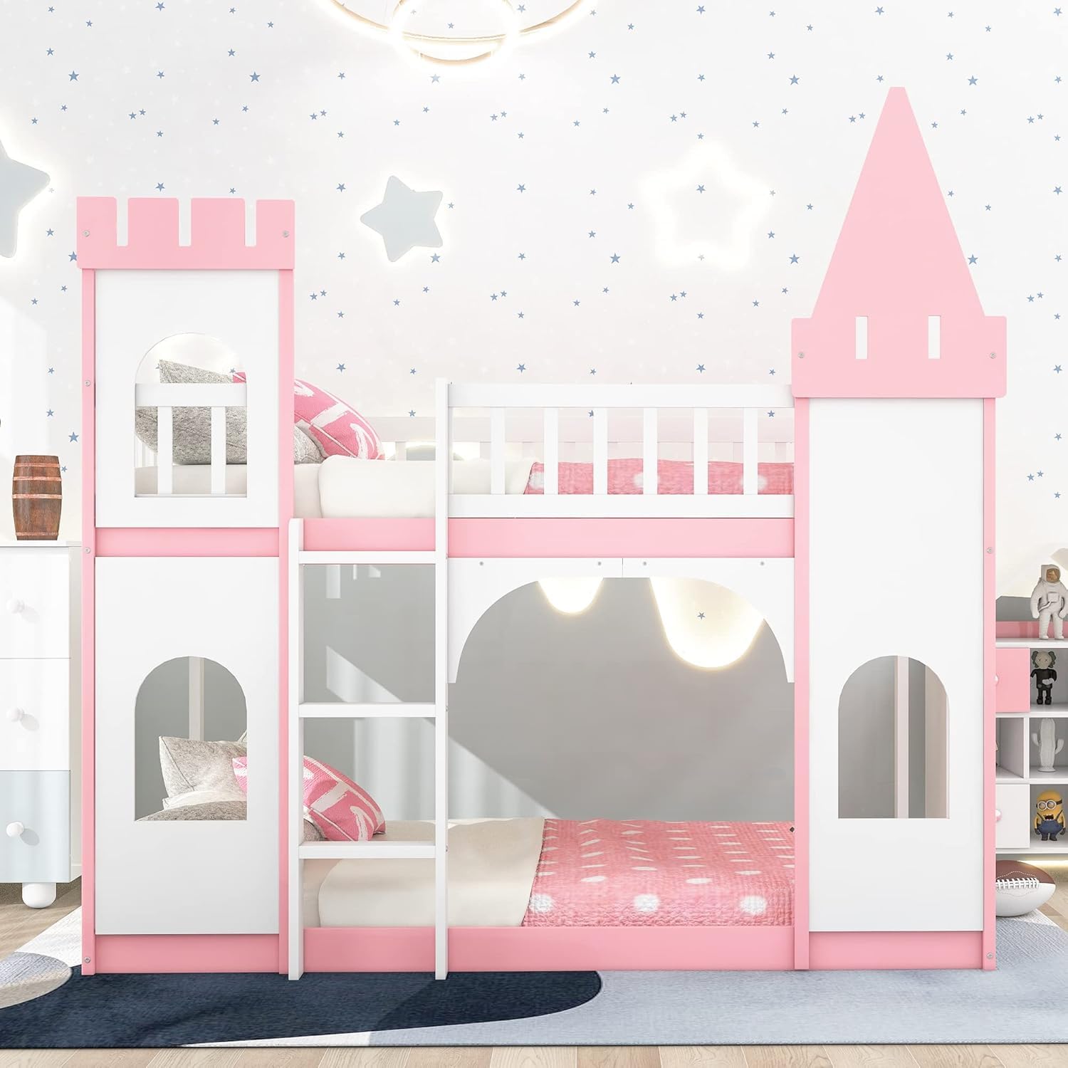 MERITLINE Twin Over Twin Castle Bunk Bed with Ladder,Solid Pine Wood Floor House Princess Bunk Bed Pink