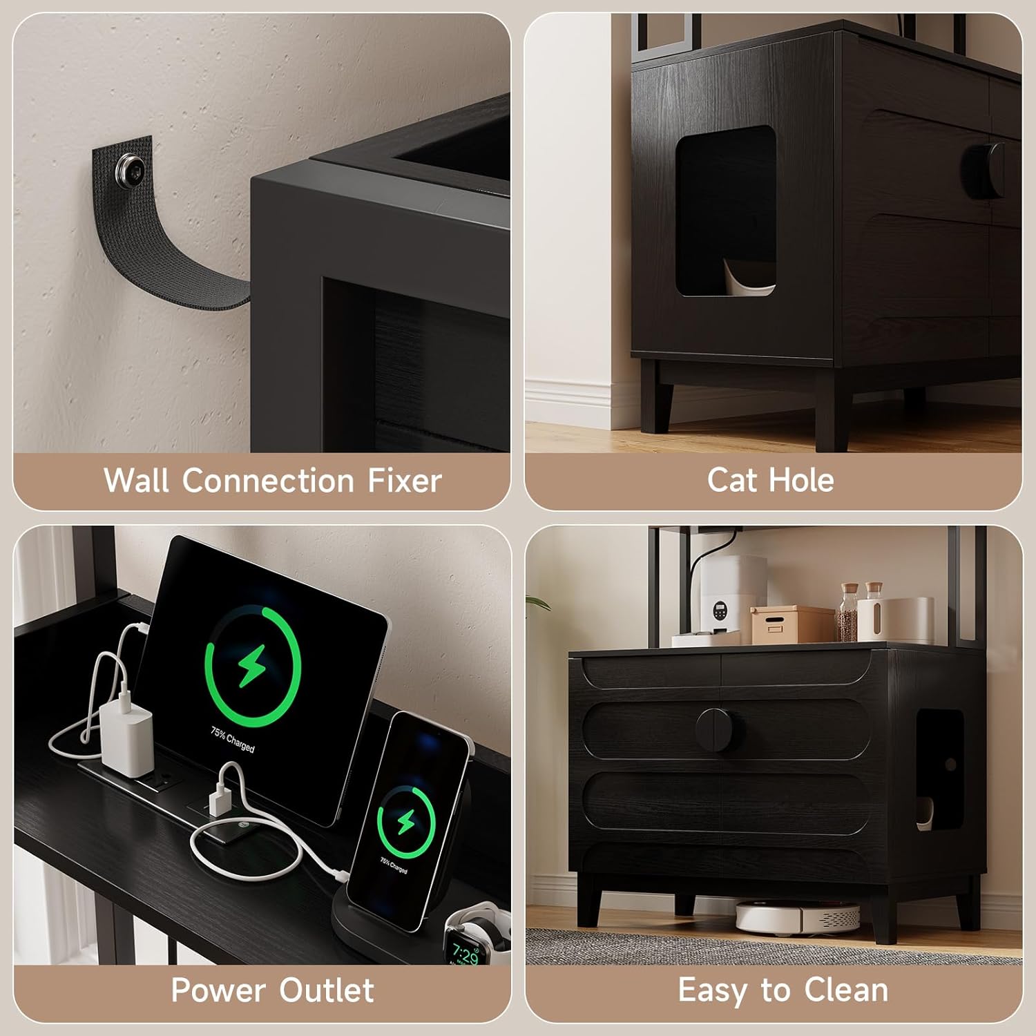ONBRILL 68" Cat Litter Box Enclosure Furniture, Hidden Litter Box Cabinet with 4-Tier Storage Shelves and Outlet, Kitty Washroom Cabinet and Pet House, Fit Most of Litter Boxes for Living Room, Black