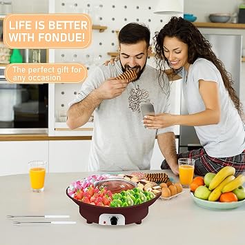 Electric Chocolate Fondue Maker, Dessert Fondue Pot with 2 Forks Detachable Serving Trays for Melting Warming Caramel Cheese Sauce Date Night House Warming (Brown)