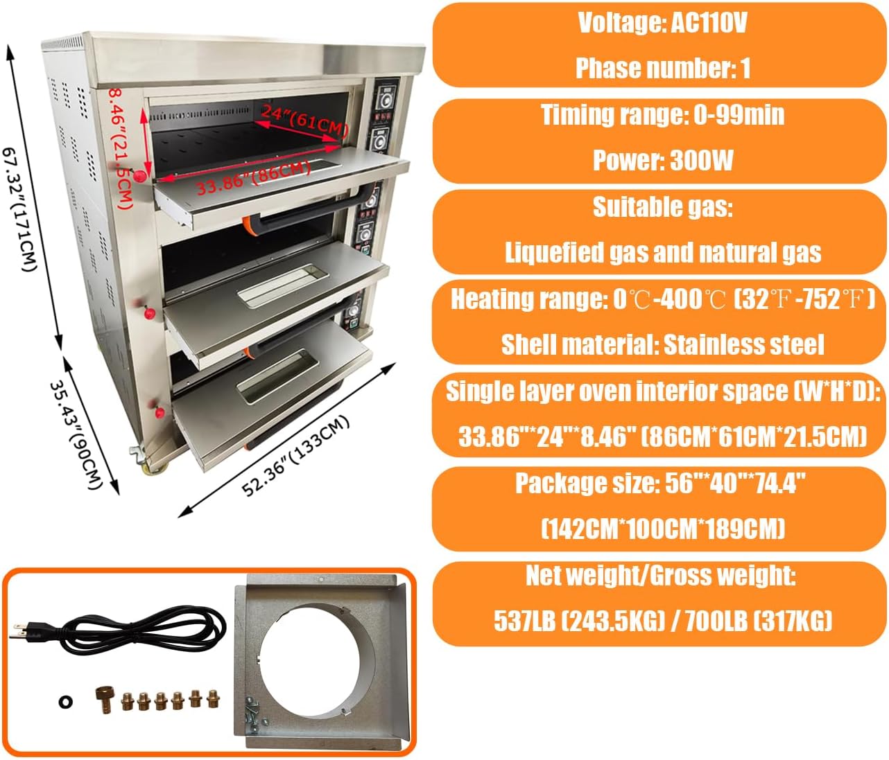 Gas Heating Commercial Movable Electric Triple Pizza Oven Gas Heating with with 6 Baking Sheets 110V 300W