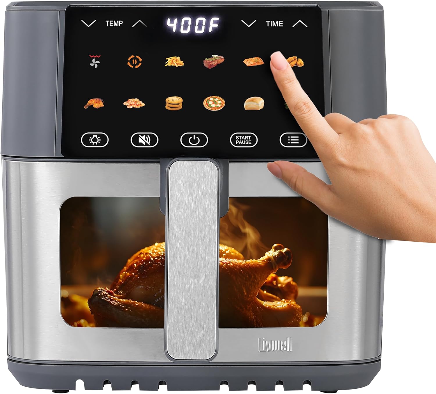 Livwell Smart Touch 8 Quart Air Fryer – Large Capacity Digital Cooker with LED Smart-Touch Display, PFAS-Free Non-Stick Ceramic Basket, 12 Presets, Precise Temperature Control (200–450°F) – Grey