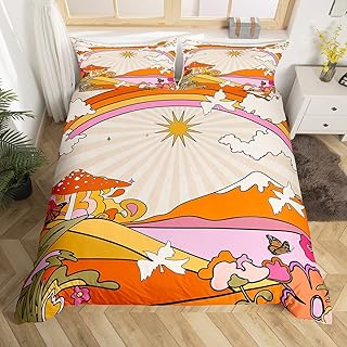 Hippie Cartoon Duvet Cover Queen for Children,70s Scenery Bedding Set Modern Room Gift,Sun Mushroom Flowers Rainbow Comforter Cover with 2 Pillowcases, Ultra Soft Bed Spread