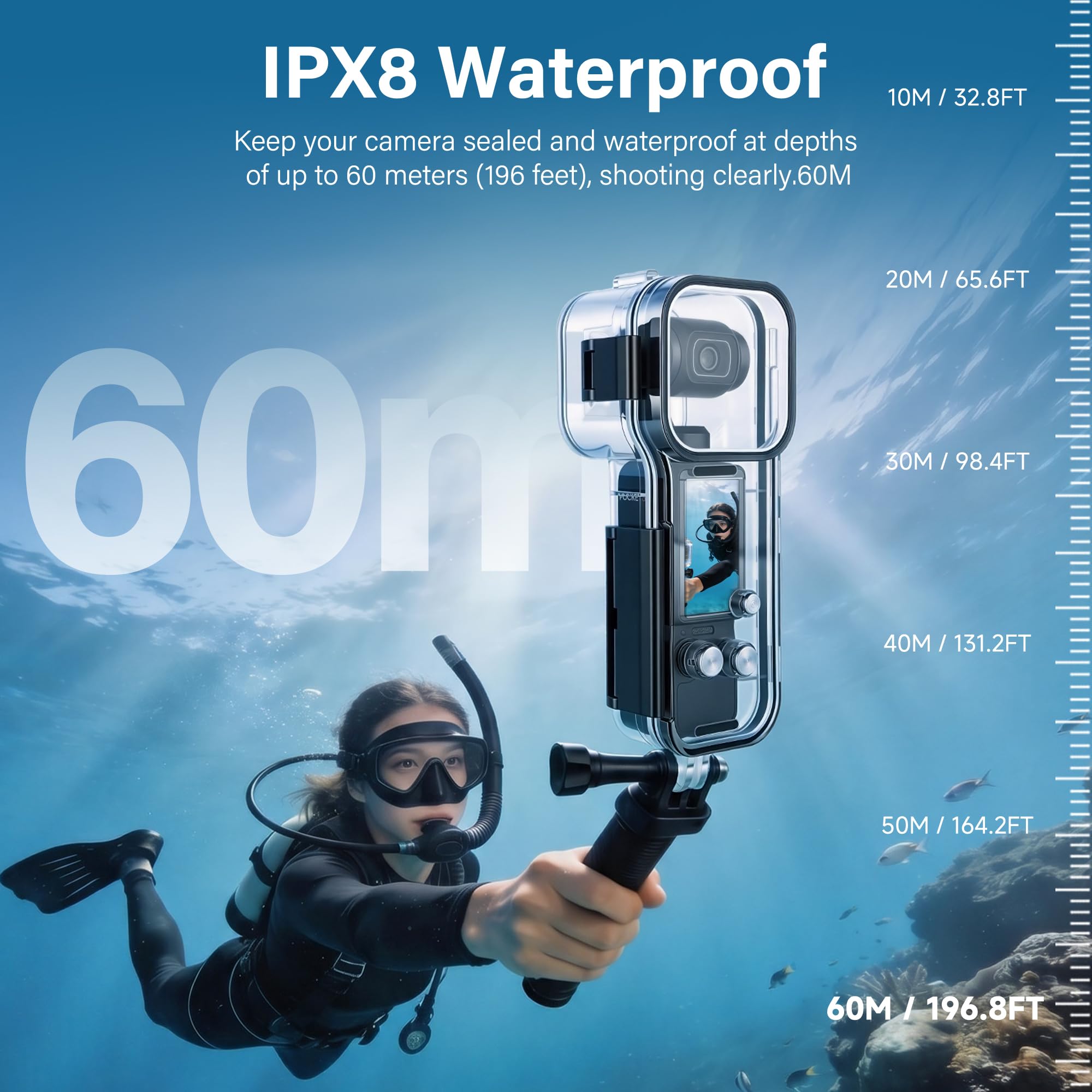 Walking Way wasserdichte Hülle für DJI Osmo Pocket 3, Anti-Beschlag Unterwasser-Kameragehäuse, Käfig unterstützt 60m Tiefentauchen mit Schnellverschluss-Halterung, Schraubenzubehör