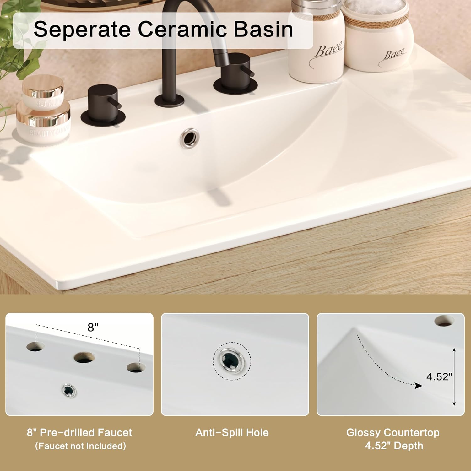 Bathroom Vanity,60-Inch Double Sink Set,Freestanding Bathrooms Storage Cabinet W/Two Separate Ceramic Basins,Full-Extension Soft-Close Drawers,Wide Design with Adjustable Shelves,Natural
