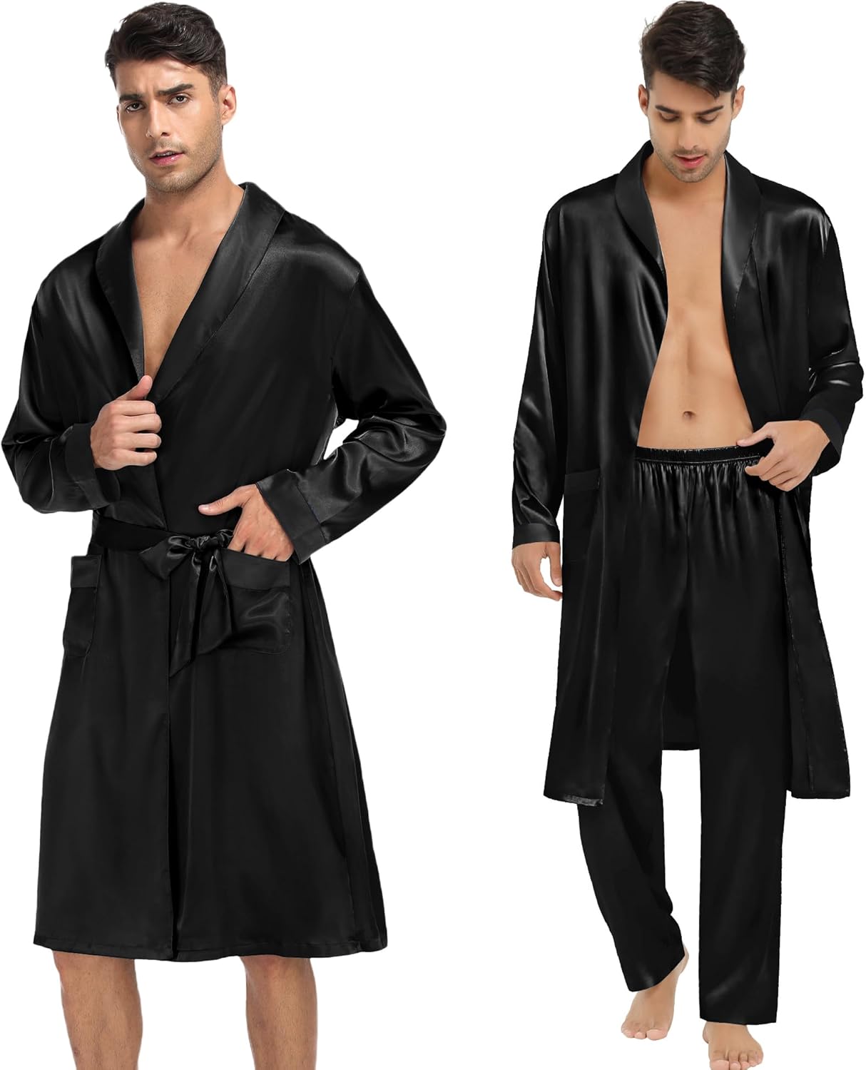 SWOMOG Men's 3 Pcs Robe Silk Satin Kimono Bathrobe with Shorts&Pants Set Lightweight Soft Sleepwear - Image 4
