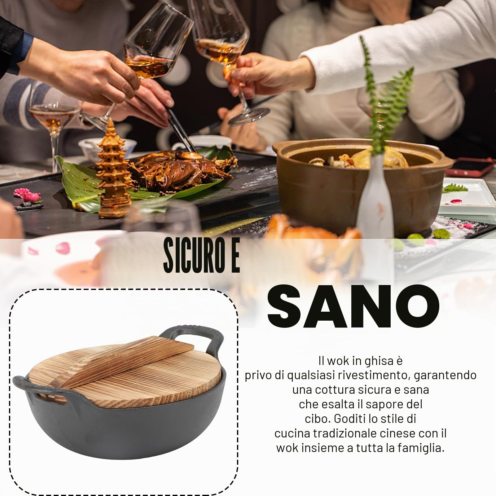 Padella wok con coperchio, in ghisa, con 2 manici, coperchio in legno con base piatta non rivestita per mescolare friggere grill a vapore autentico cibo asiatico cinese (25 cm)