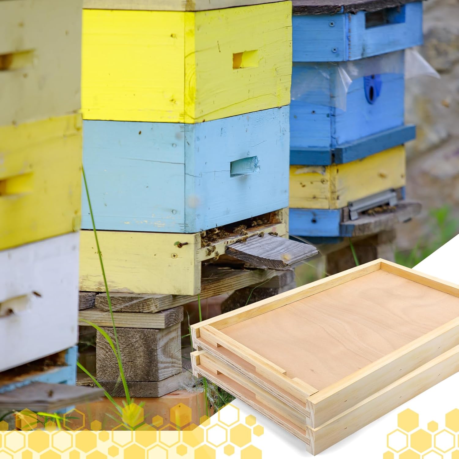 2 Set 8 Frame Beehive Bottom Board with Entrance Reducer Beehive Screened Bottom Base Wood Entrance Board for Beekeeping Wood Color