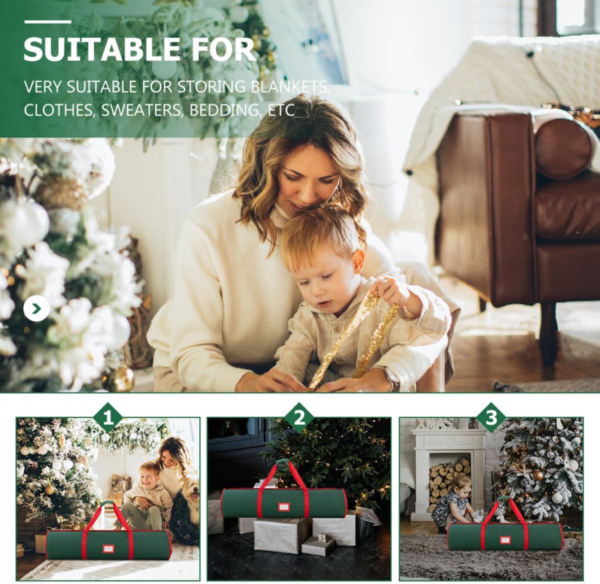 Oxford Cloth Christmas Wrapping Paper Storage Bag Green with Handles