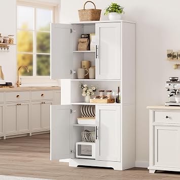 GarveeHome 70in Tall Kitchen Pantry Cabinet, Storage Cabinet with Doors and Adjustable Shelves, Freestanding Cupboard for Living Room, Dining Room, Bathroom, White