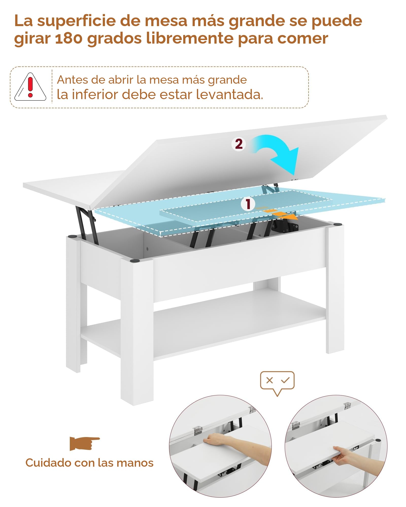 KIMENICH Mesa de Centro Regulable en Altura, Almacenamiento Oculto, 3 en 1, Multifunción, Mesa de Salón, Mesa de Café, Compartimento Abierto, Mesa de Comedor, para Salón, Oficina, Blanco